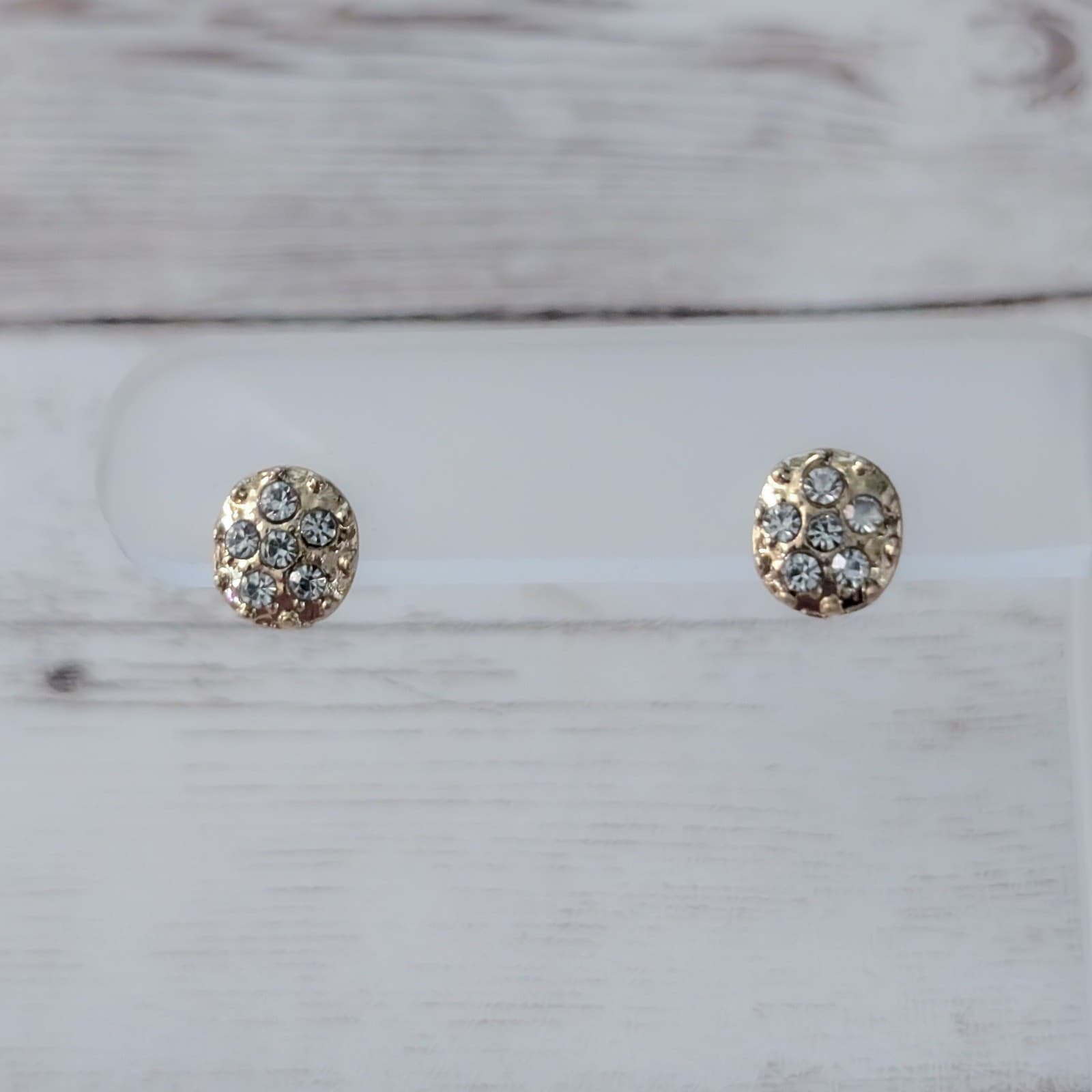 Vintage Stud Earrings Gold Tone with Clear Gem - Dainty