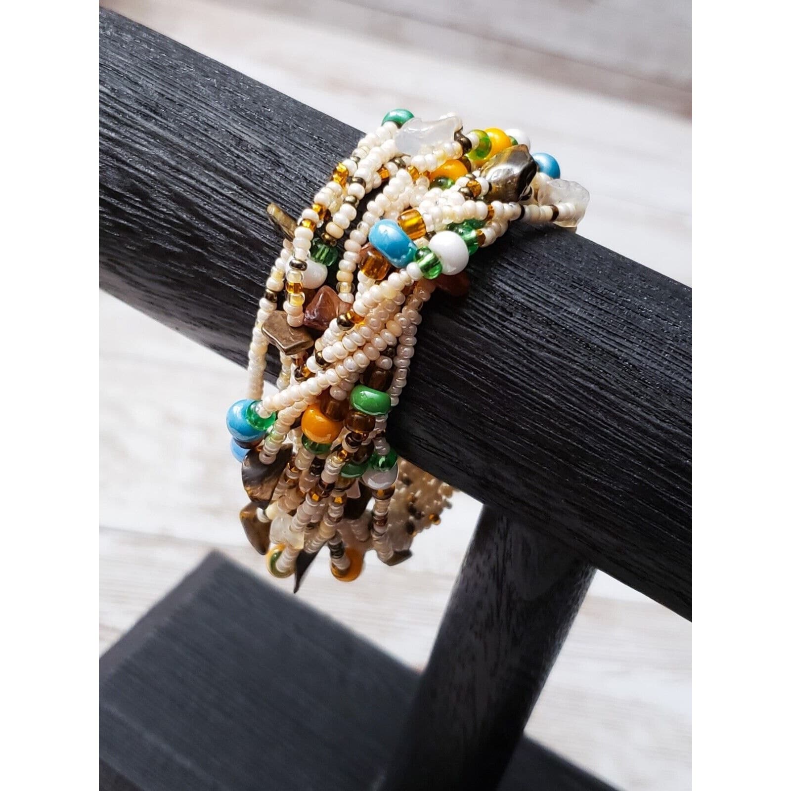 Vintage Bracelet / Bangle - Cream & Multi Colored Beads 7.25"