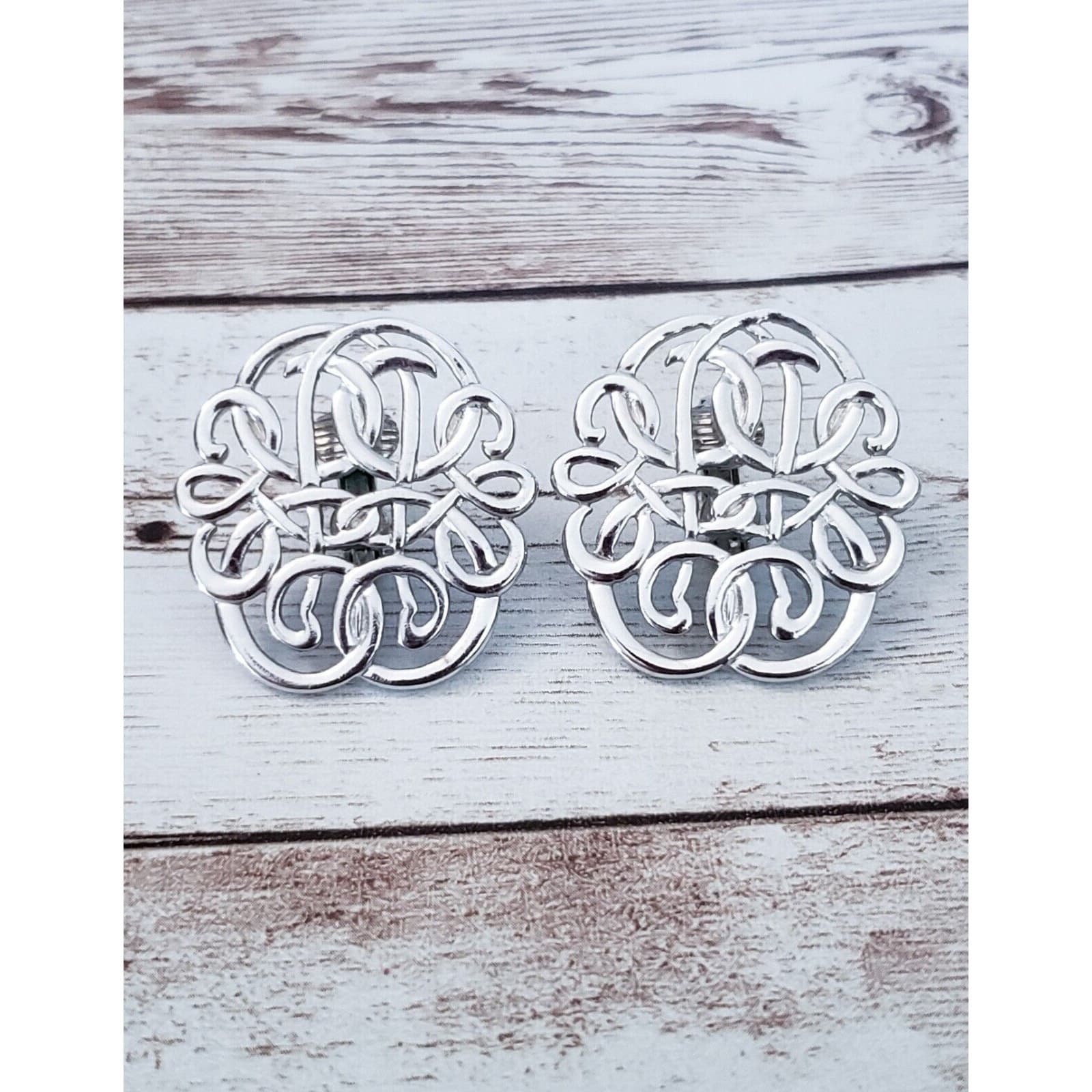 Vintage Avon Clip On Earrings Large Statement Silver Tone Scroll Design