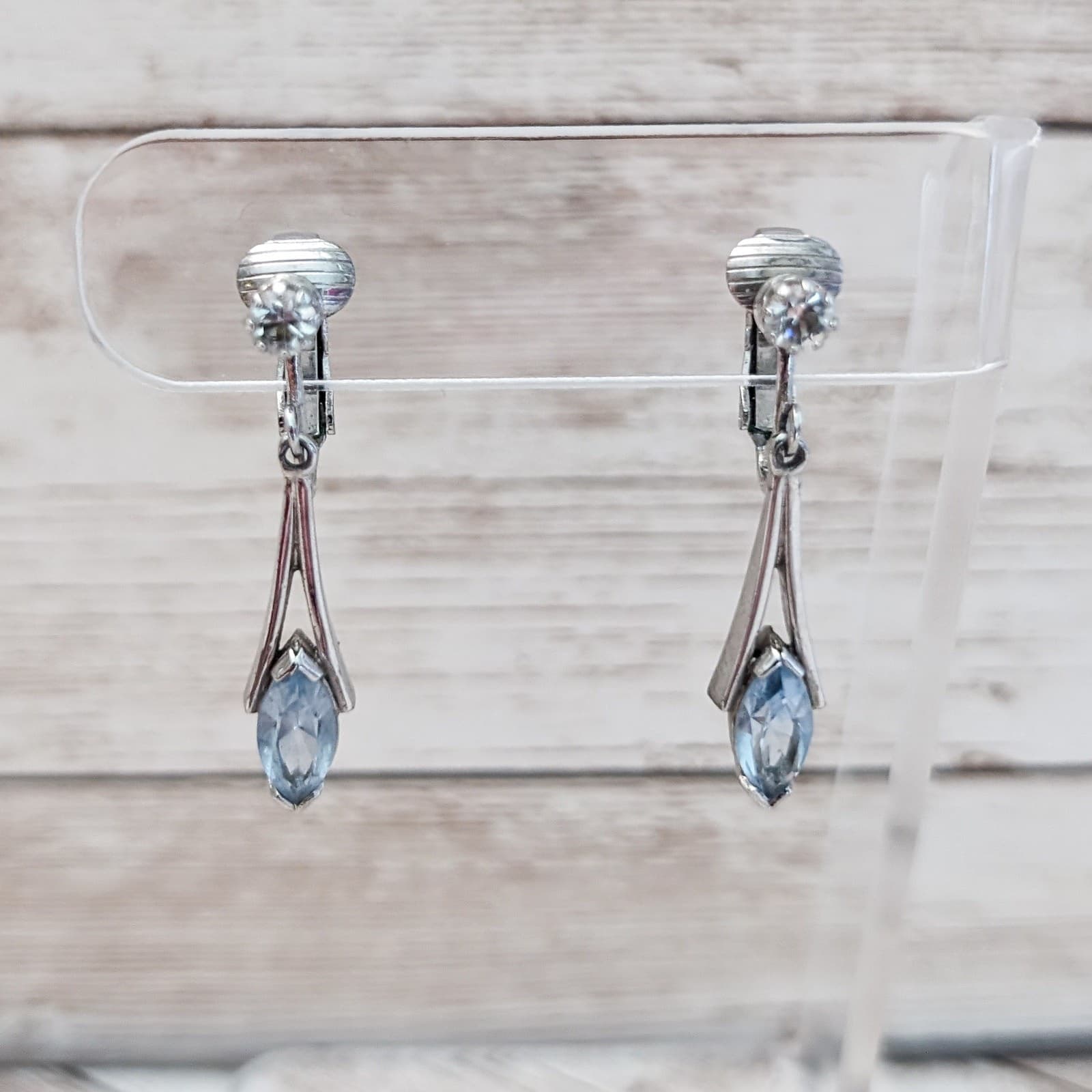 Vintage Avon Clip On Earrings - Silver Tone with Blue Gem Dangle
