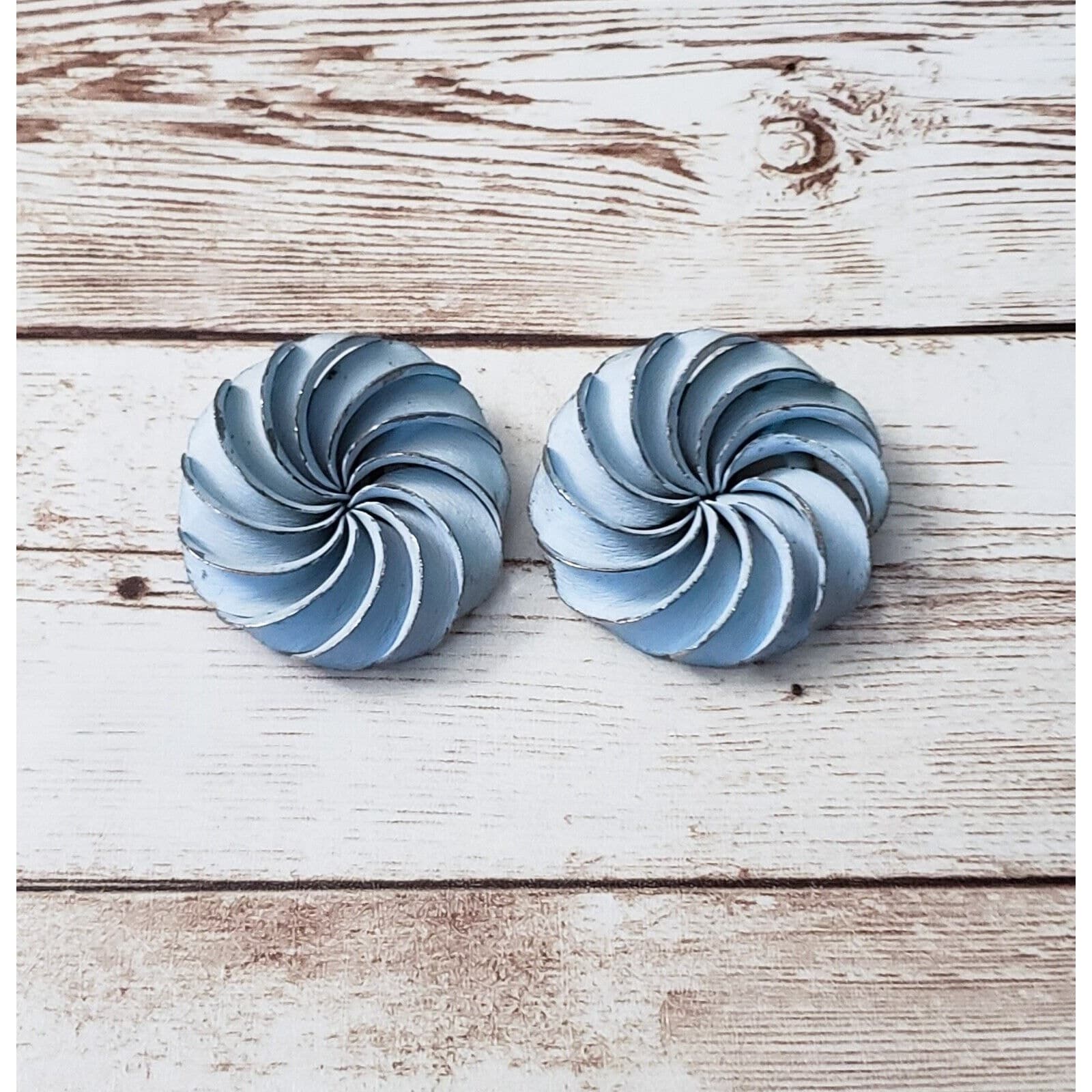 Vintage Clip On Earrings - Large Light Blue Metal Statement Earrings 1 & 3/8"