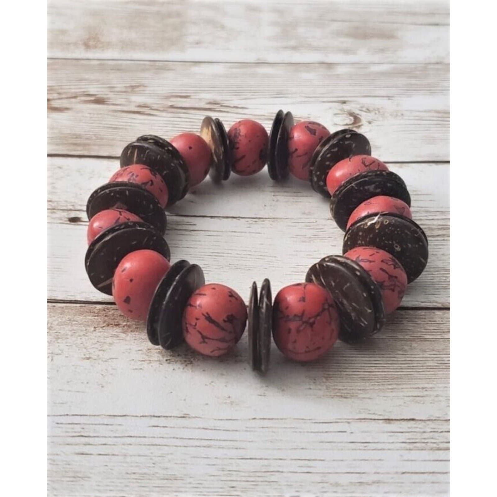 Vintage Stretch Bracelet / Bangle Red & Brown Distressed Look