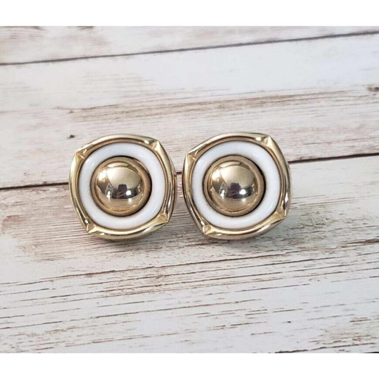 Vintage Screw On Earrings - Statement Gold Tone & White