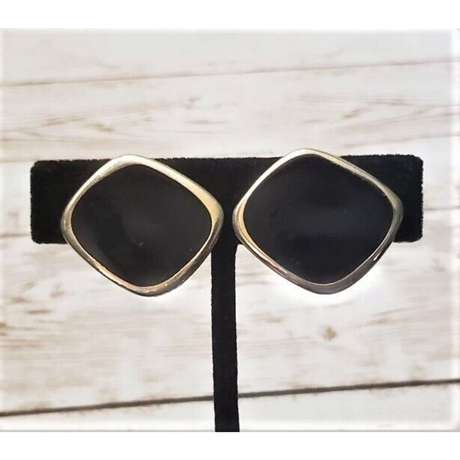 Vintage Bergere Clip On Earrings Black & Gold Tone