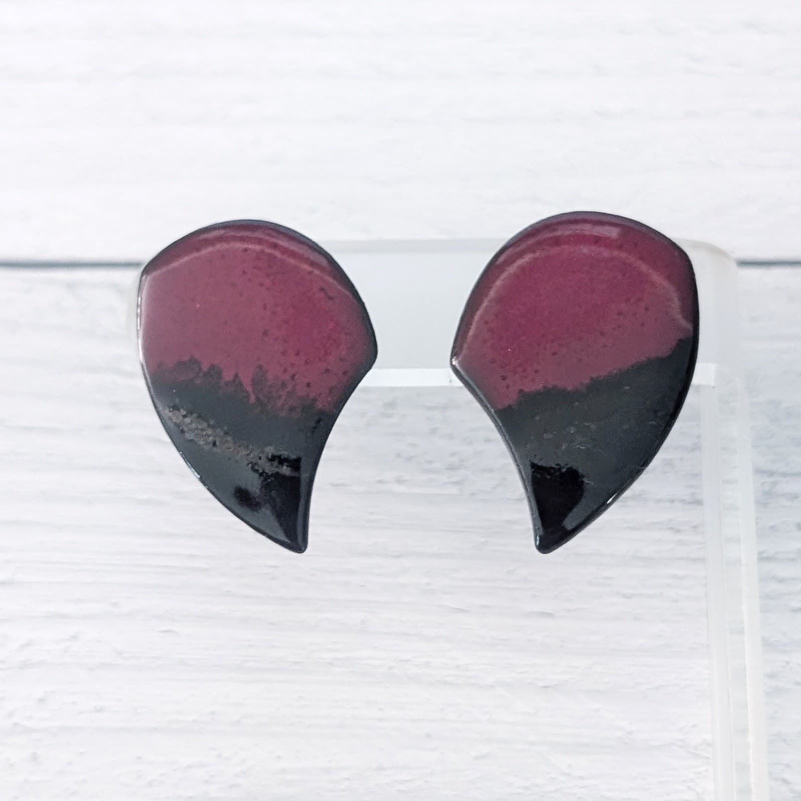 Vintage Stud Earrings Black & Burgundy Statement Large 1.25"