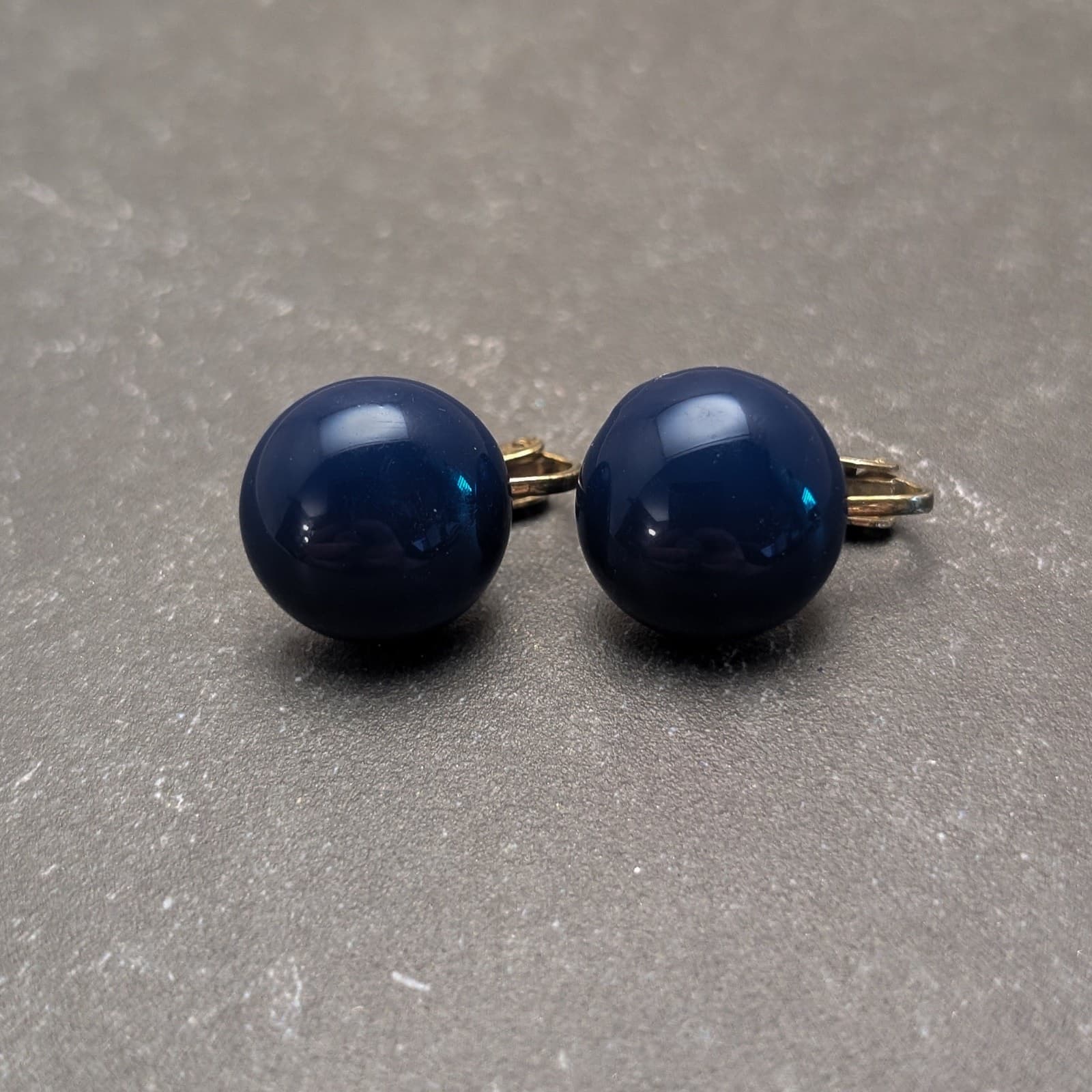 Vintage Clip On Earrings Retro 5/8" Navy Dark Blue Domed Circle