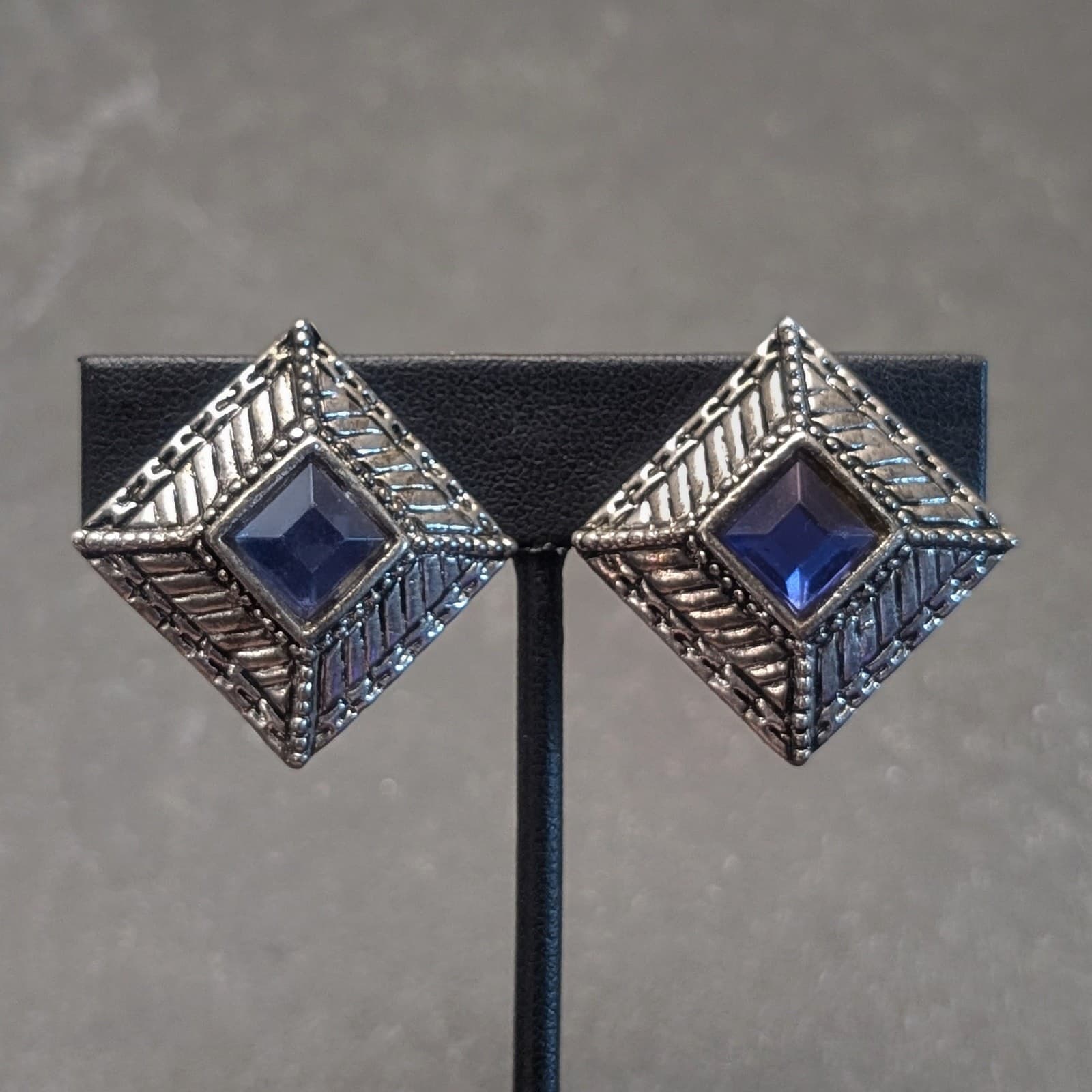 Vintage Clip On Earrings Regal Dark Silver Tone with Blue Gem Statement