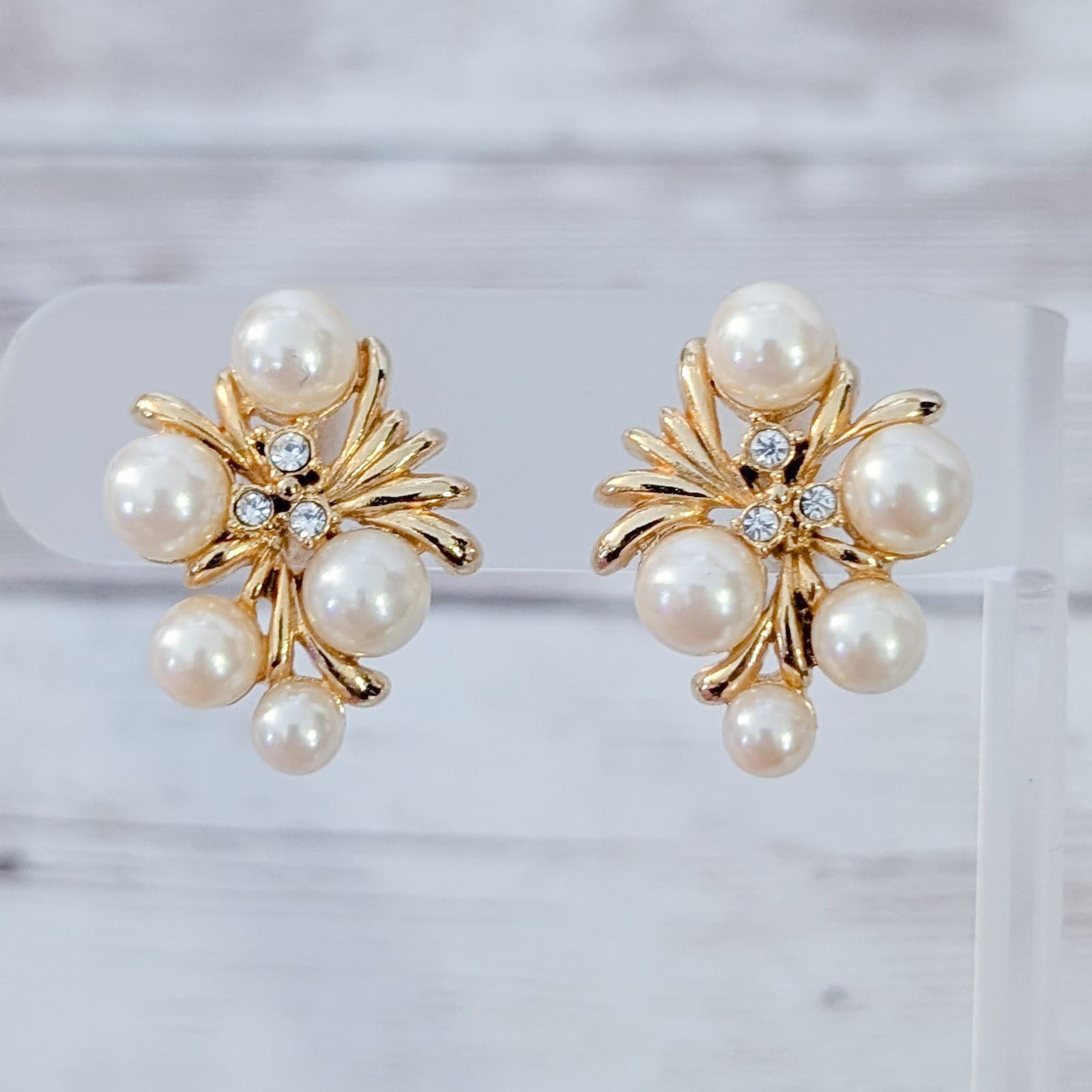 Vintage Clip On Earrings Statement Gold Tone & Faux Pearl Stunning