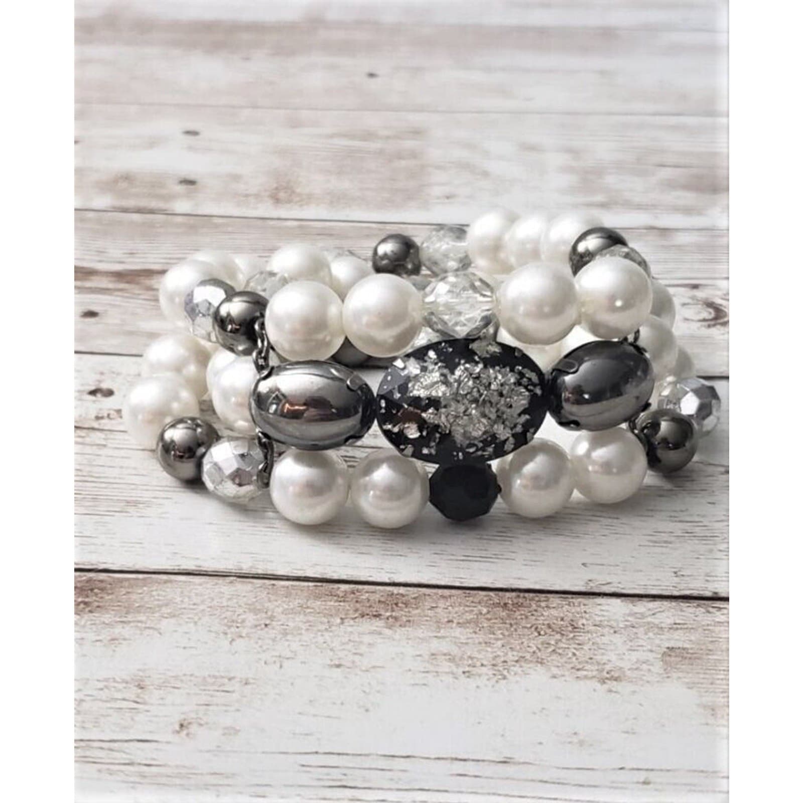Vintage Stretch Bracelet / Bangle 3 Row Faux Pearl and Metallic Tones