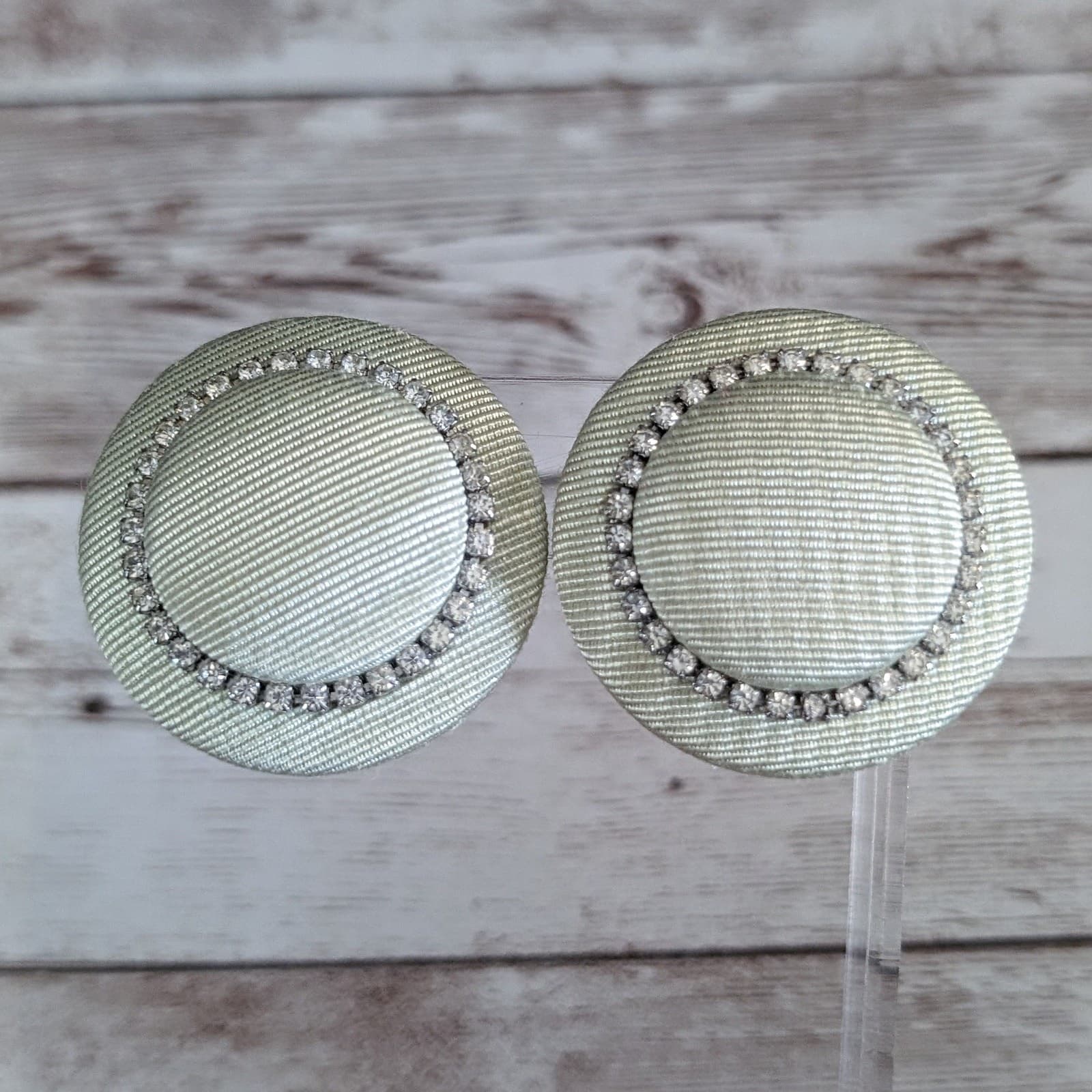 Vintage Clip On Earrings - Large Light Green Statement with Clear Gem Detail