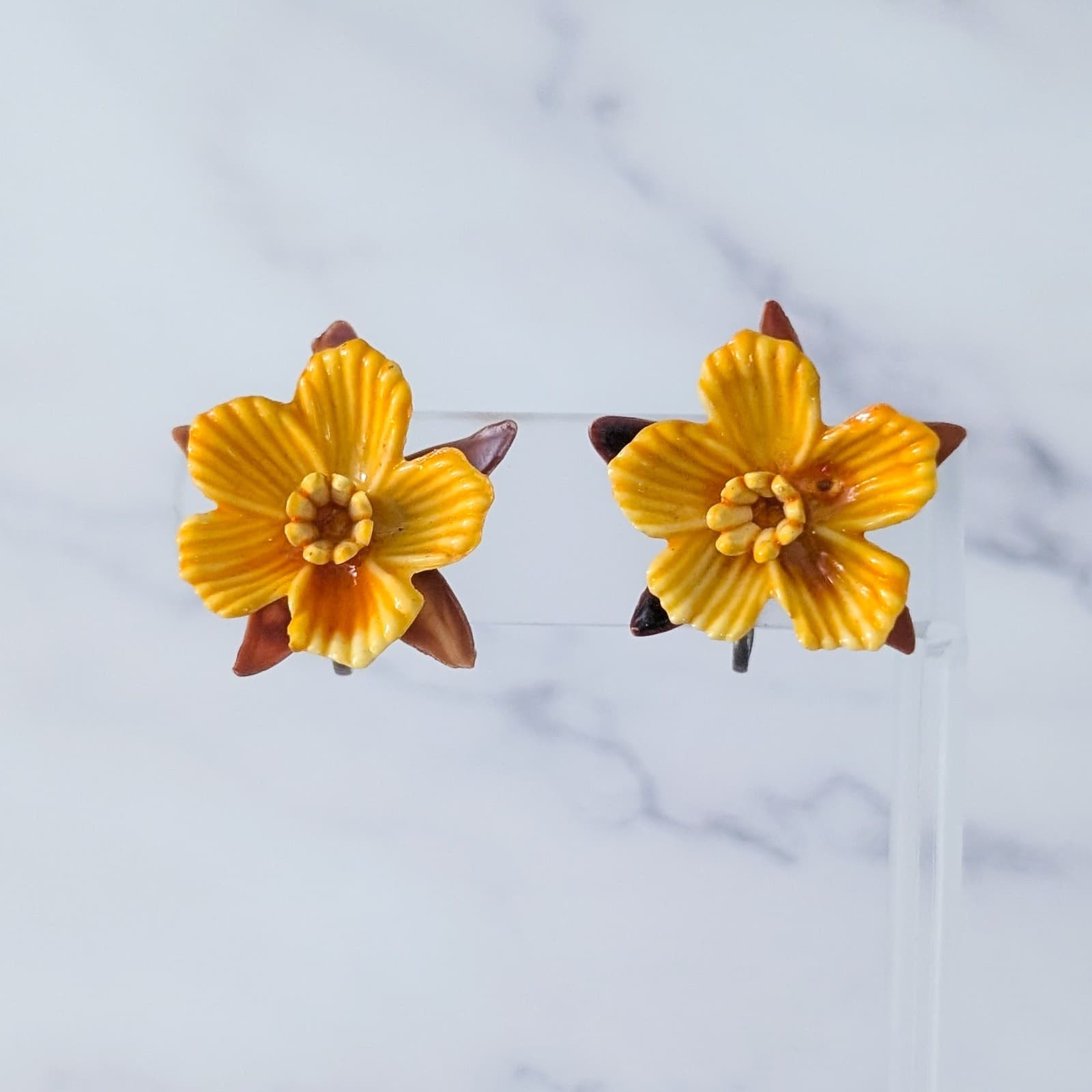 Vintage Screw On Earrings 1" Large Deep Yellow Flower Statement