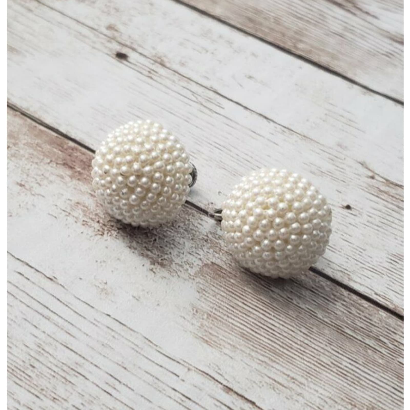 Vintage Clip On Earrings Faux Pearl Wrapped Dome Just Over 0.75" Wide