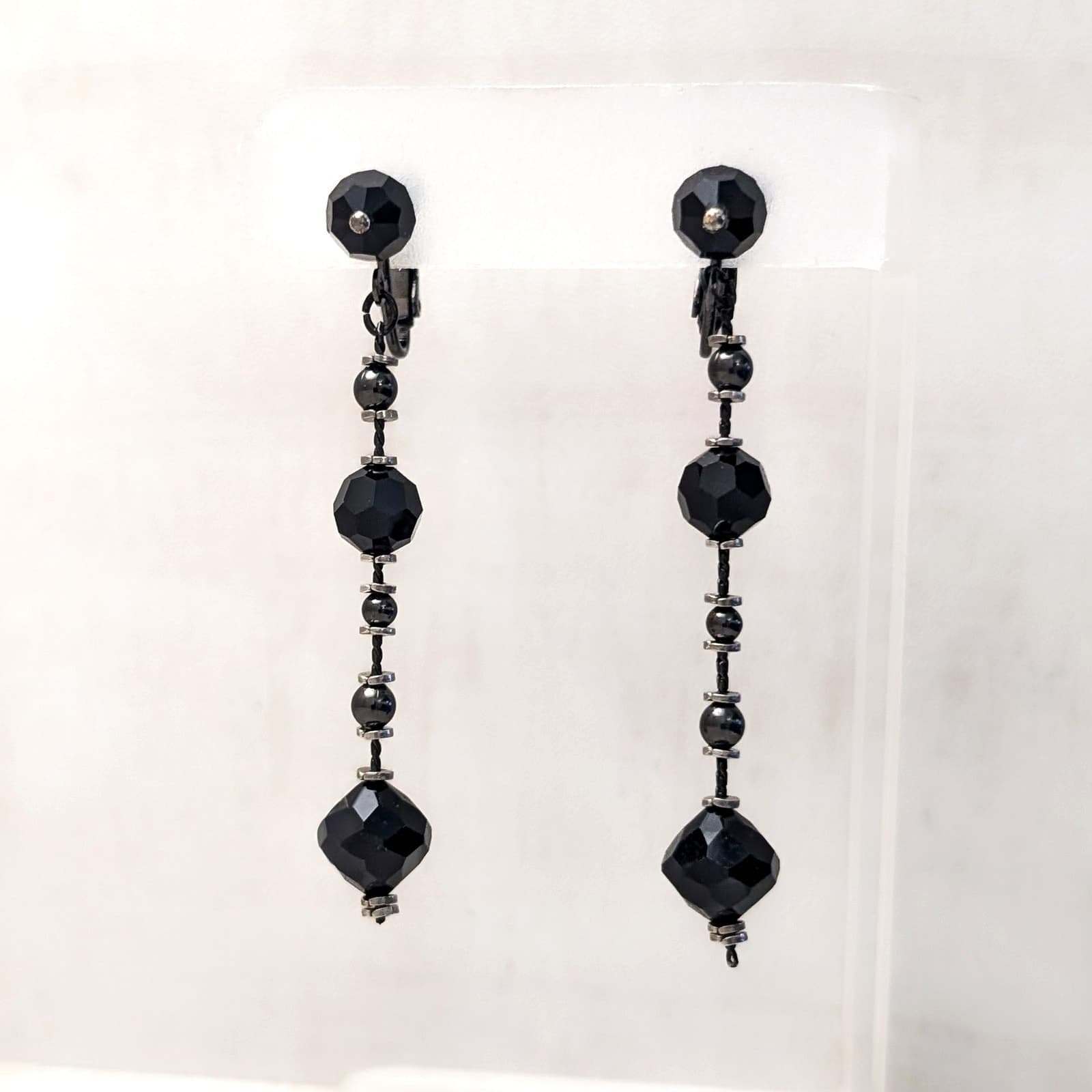 Vintage Clip On Earrings 2 & 7/8" Extra Long Black Dangle Stylish Statement