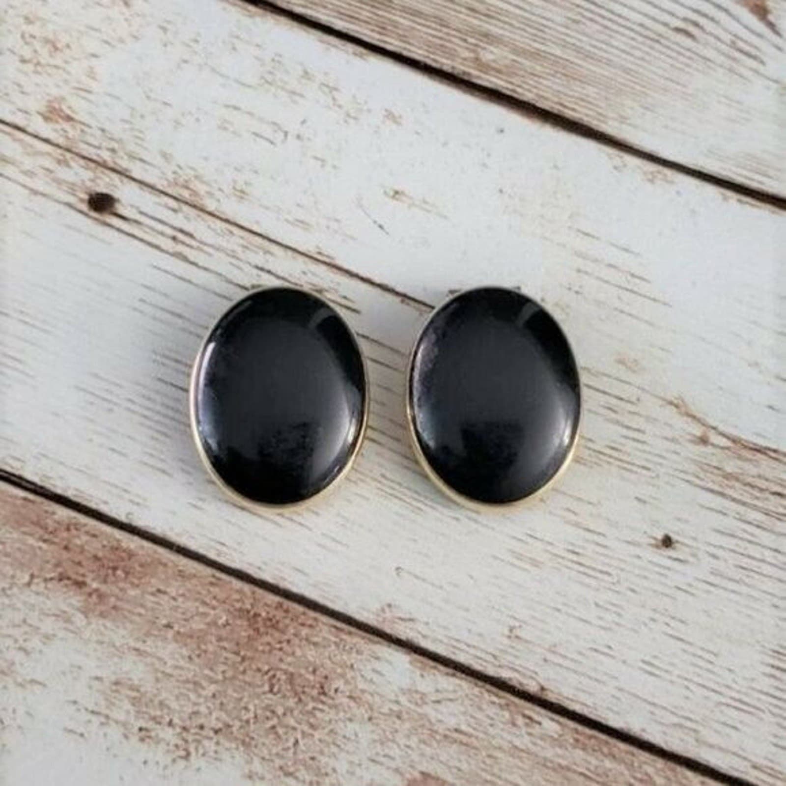Vintage Clip On Earrings Black Oval 7/8" Very Thin Gold Tone Halo
