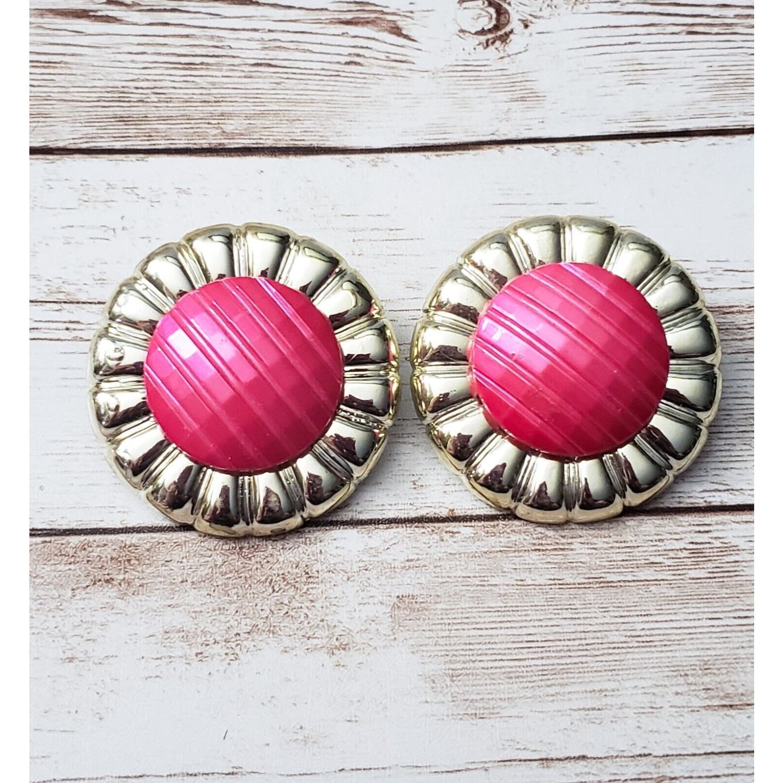 Vintage Clip On Earrings Large Statement Unusual Pink & Light Gold Tone 1.75"