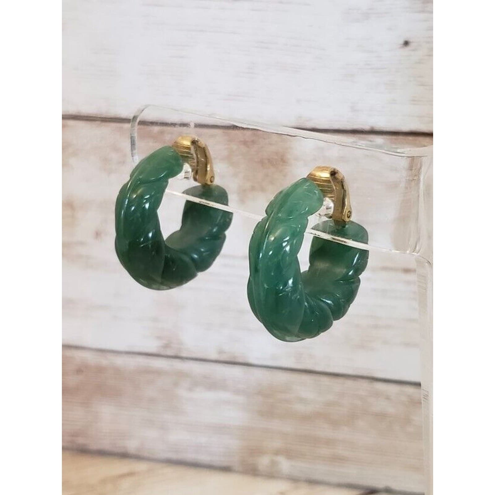 Vintage Avon Clip On Earrings Carved Green Hoops