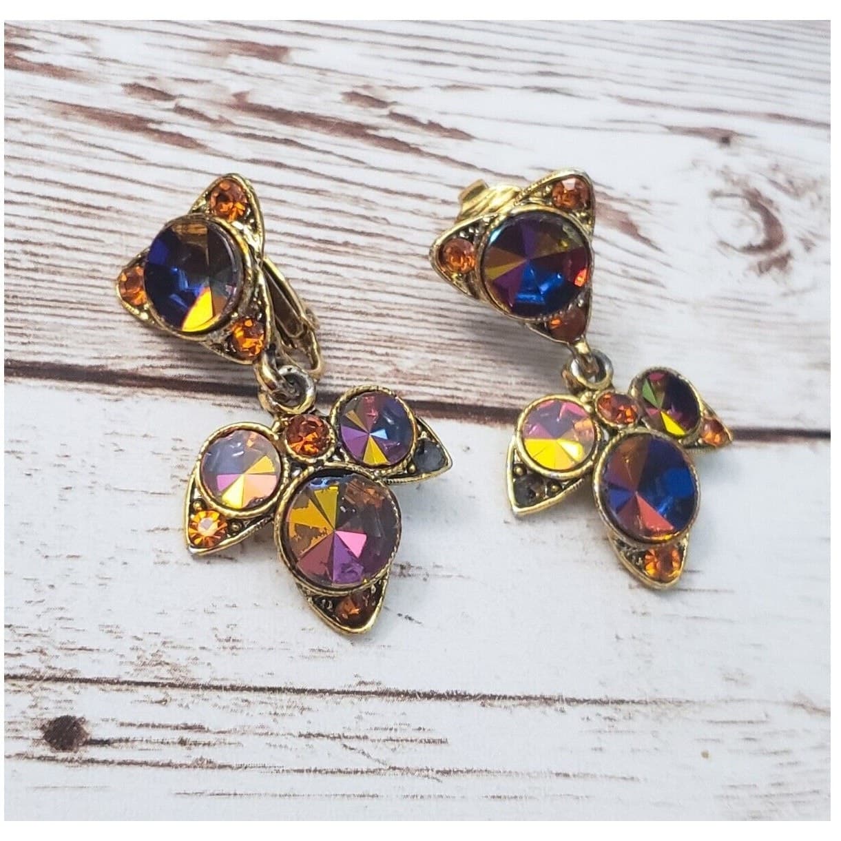 Vintage Clip On Earrings - Stunning Dangle Gold Tone with Dark Multi Tone Gems