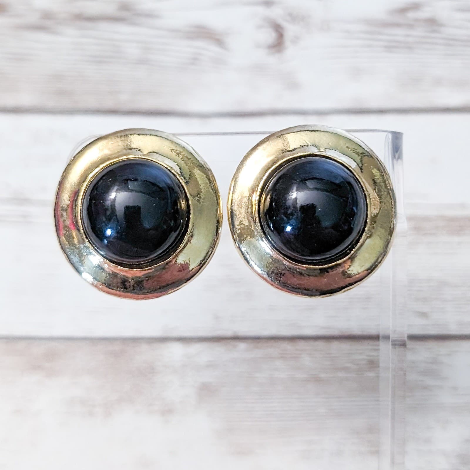 Vintage Clip On Earrings Statement Domed Black with Gold Tone Halo
