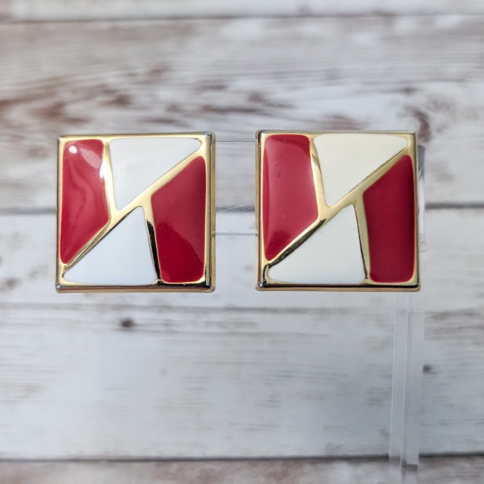 Vintage Clip On Earrings Square Shape Red and Off White/Cream