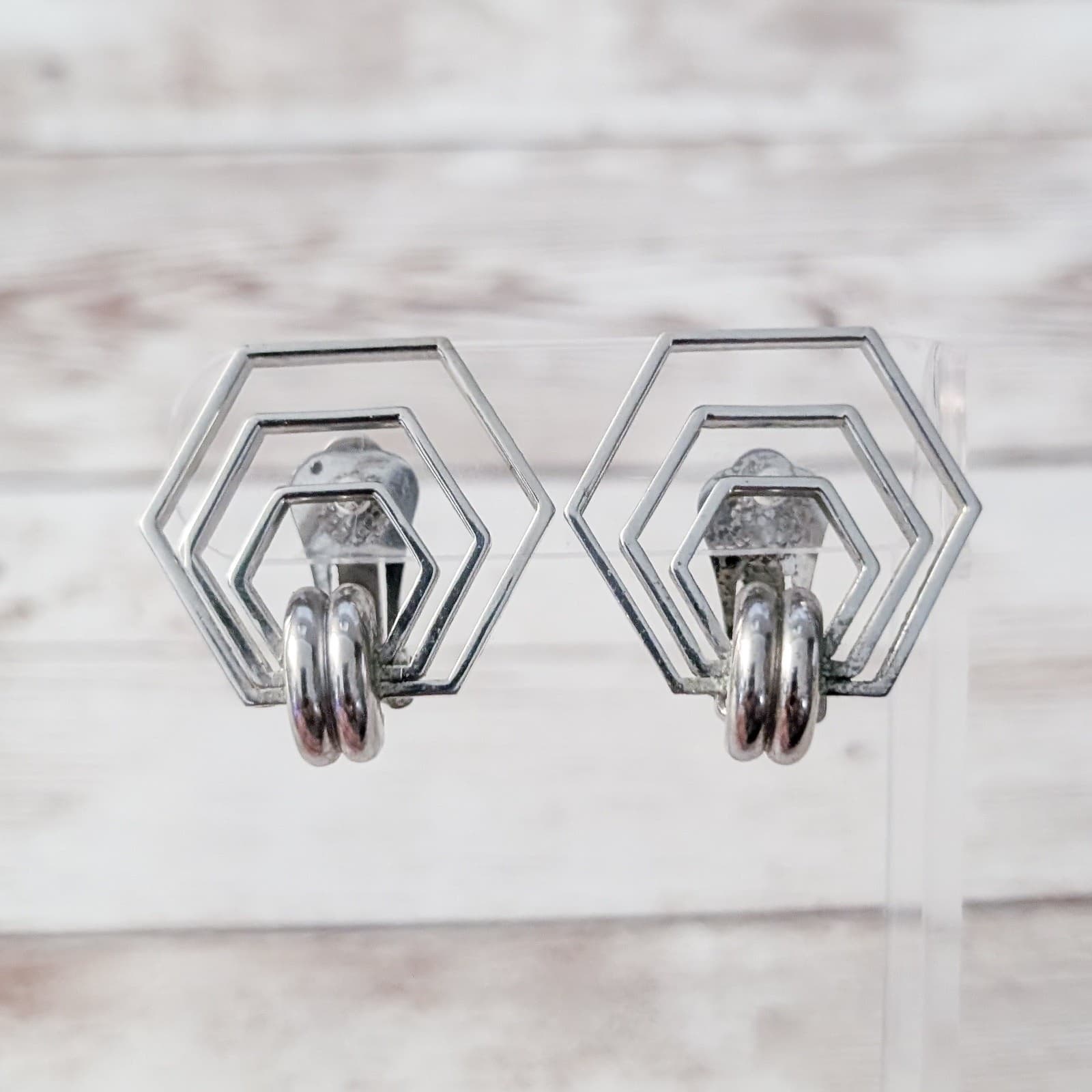 Vintage Clip On Earrings Silver Tone Geometric Large Statement