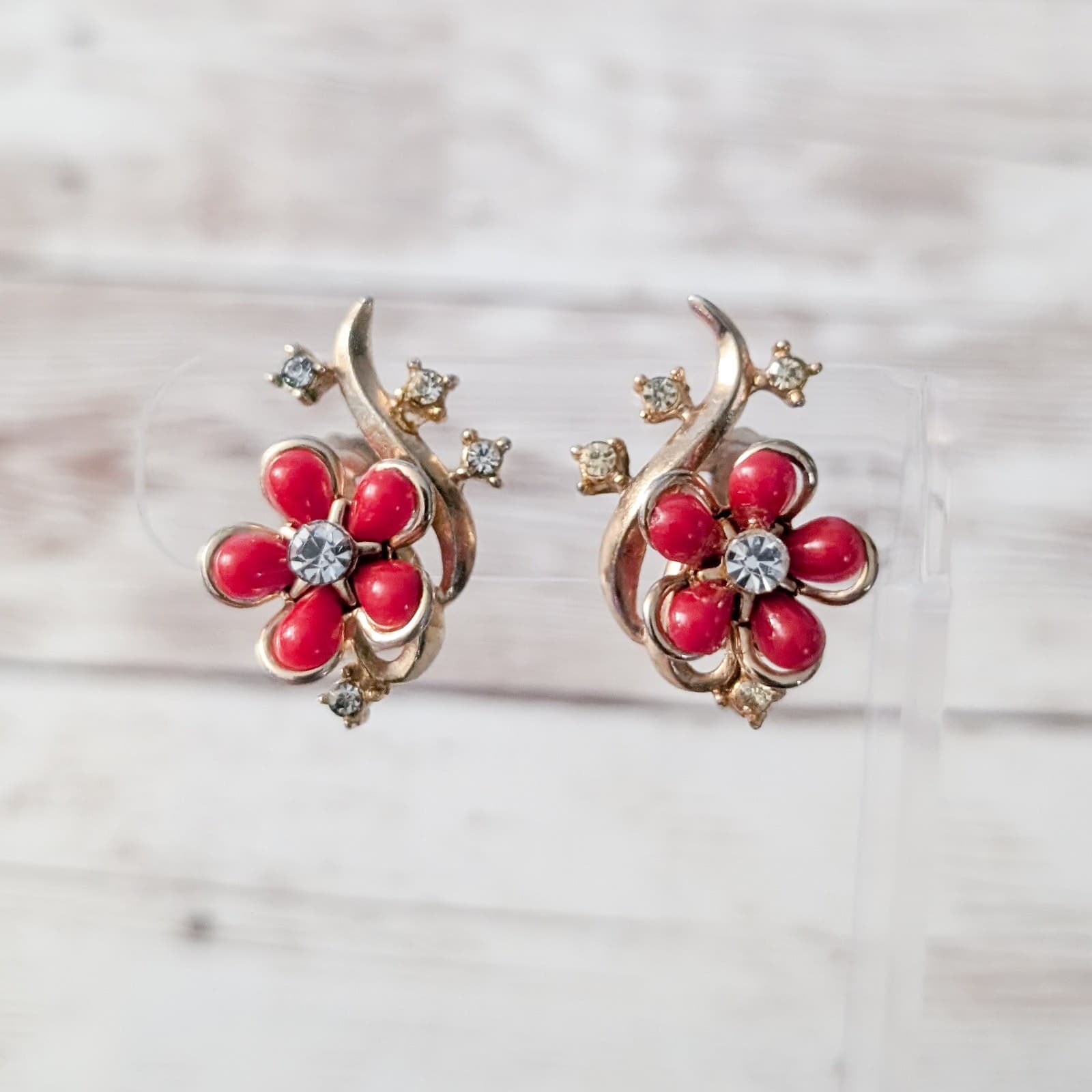 Vintage Clip On Earrings Stunning Red Flower, Gold Tone, Clear Gem