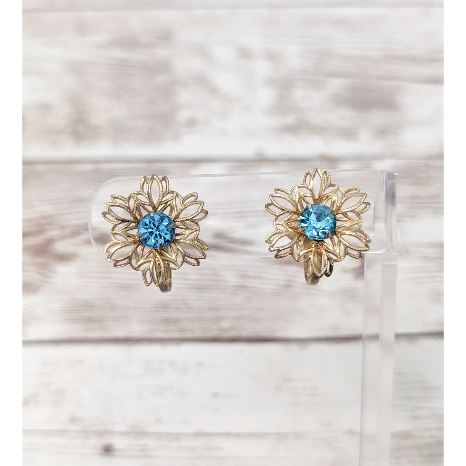 Vintage Screw On Earrings Gold Tone Flower with Bright Blue Gem