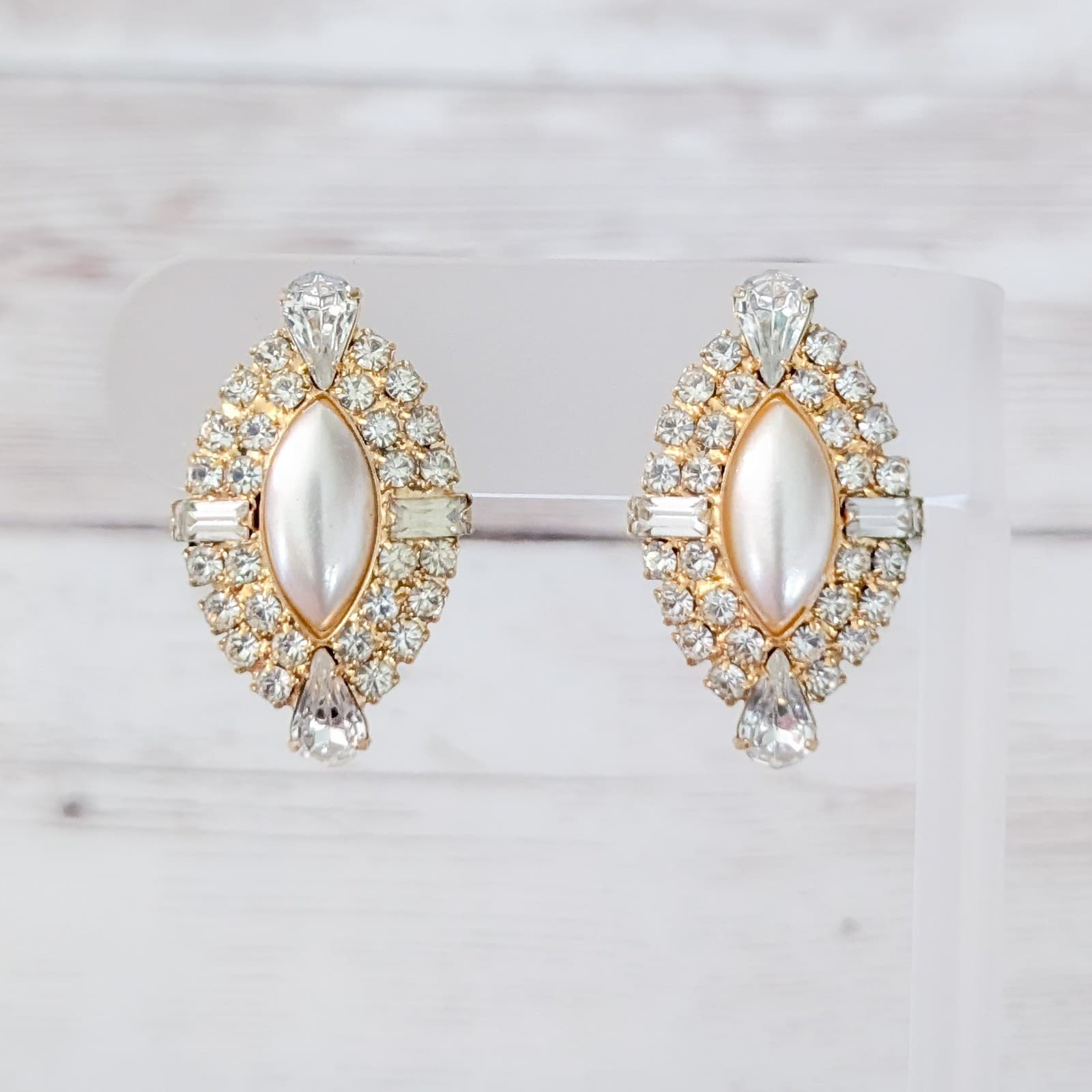 Vintage Clip On Earrings Stunning Gold Tone & Clear Gem Large Statement Elegant