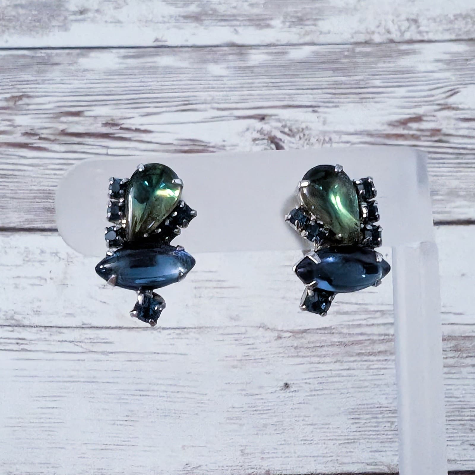 Vintage Clip On Earrings Green & Blue Gems Statement