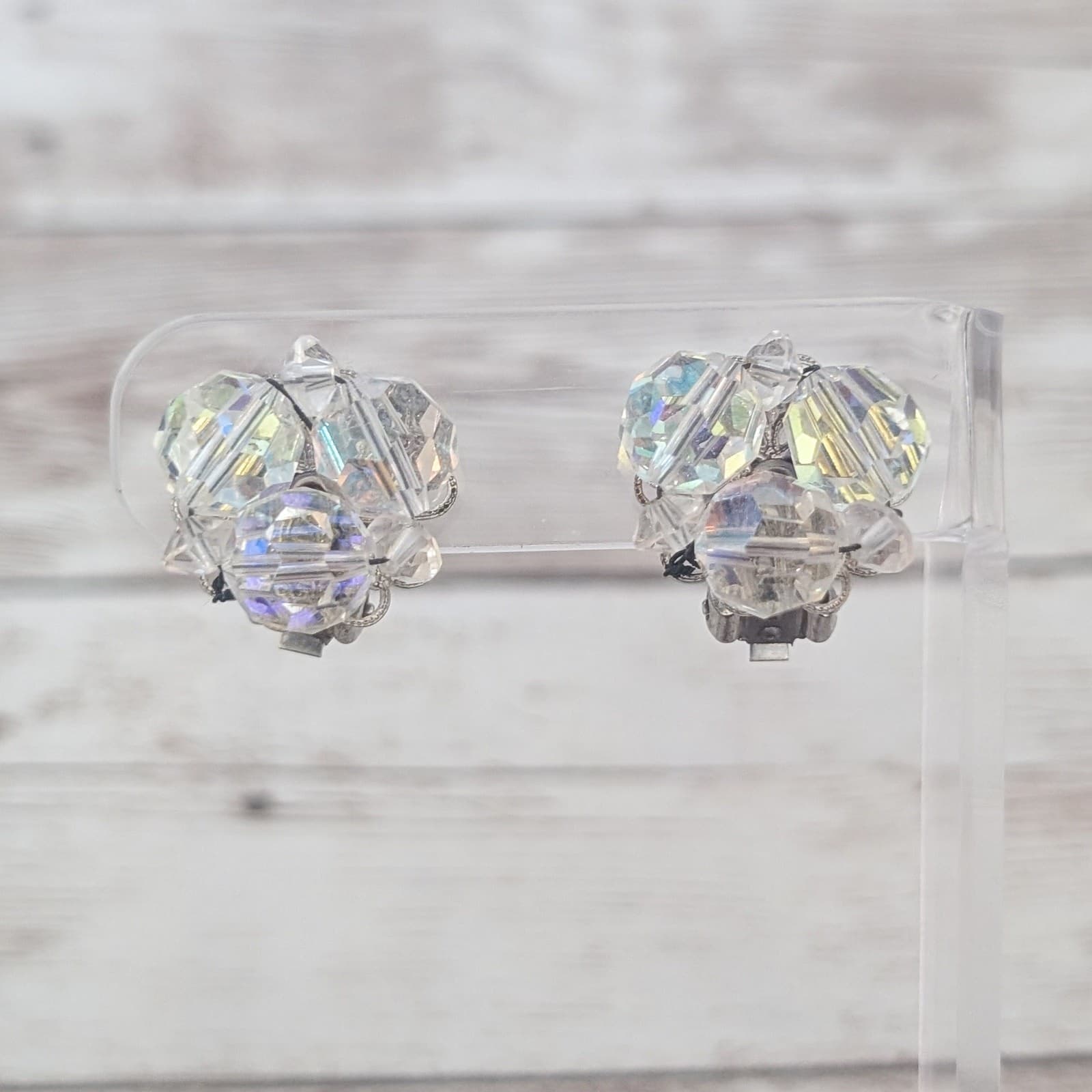 Vintage Clip On Earrings Iridescent Beaded 0.75" Stylish