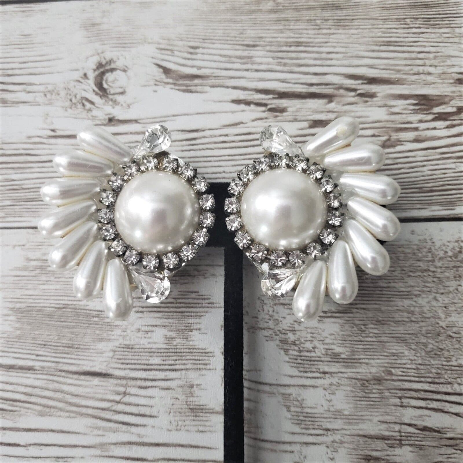 Vintage Clip On Earrings Huge Faux Pearl & Clear Gem Statement Earrings