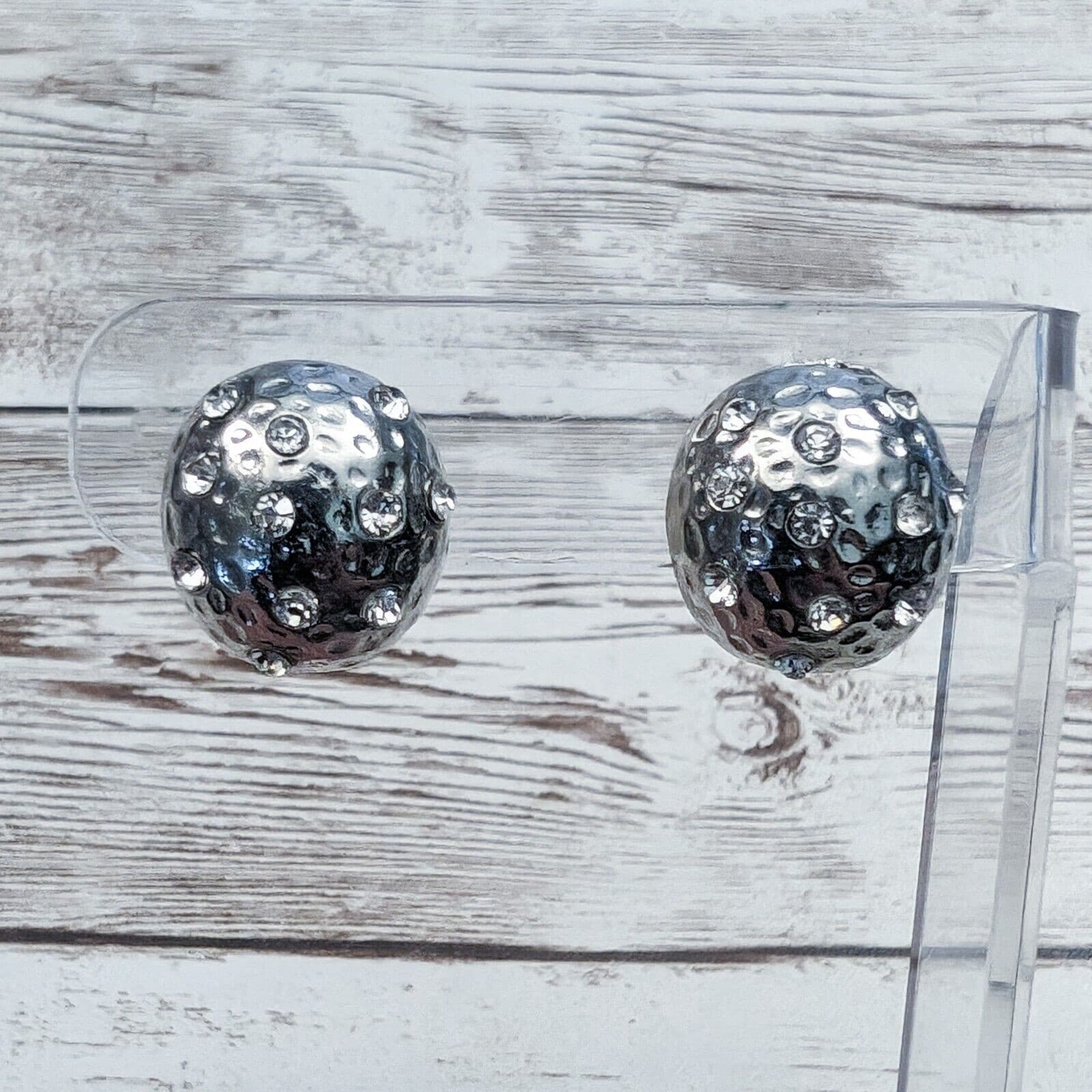 Vintage Clip On Earrings 0.75" Silver Tone Domed with Clear Gems