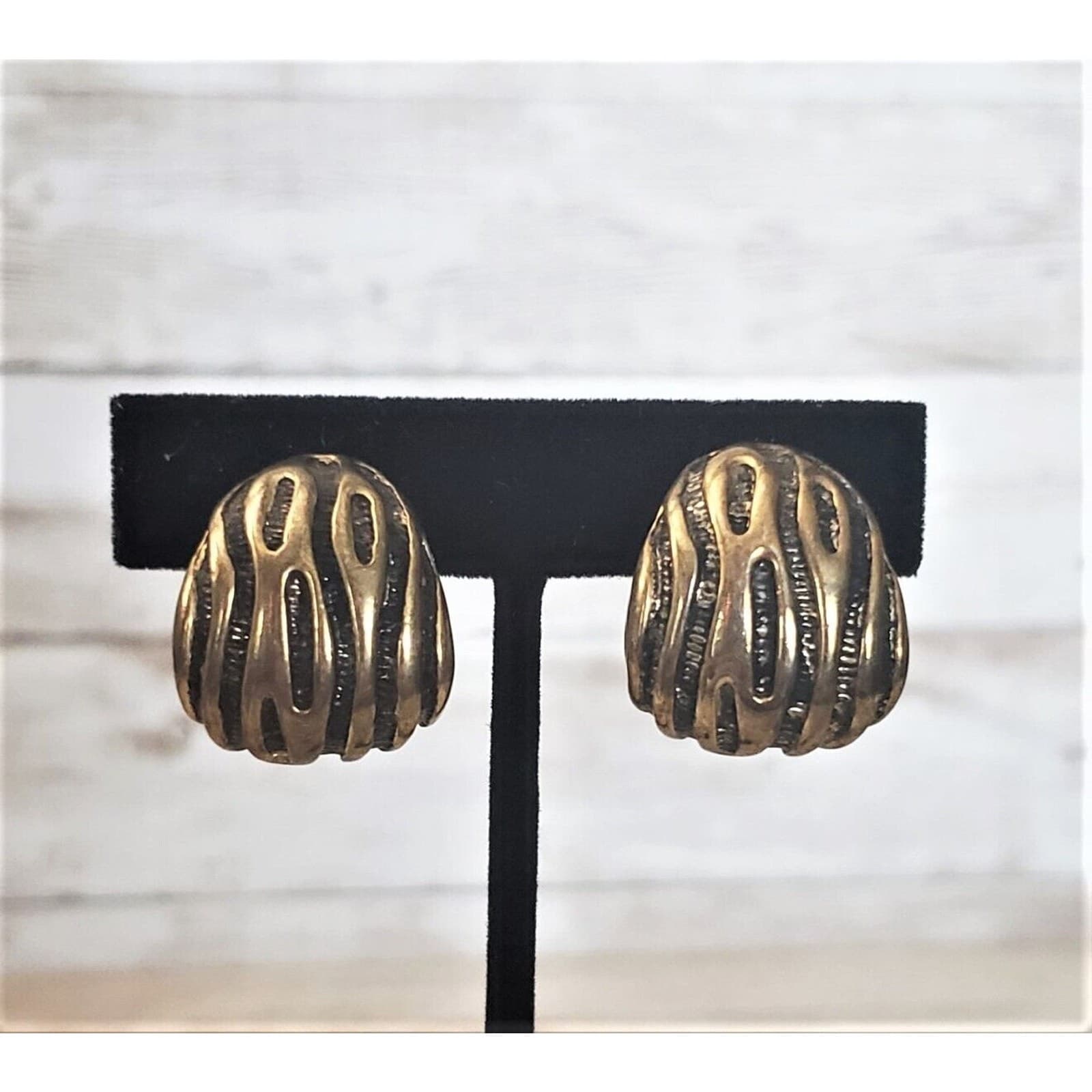 Vintage Clip On Earrings - Unusual Chunky Gold Tone with Design 1"