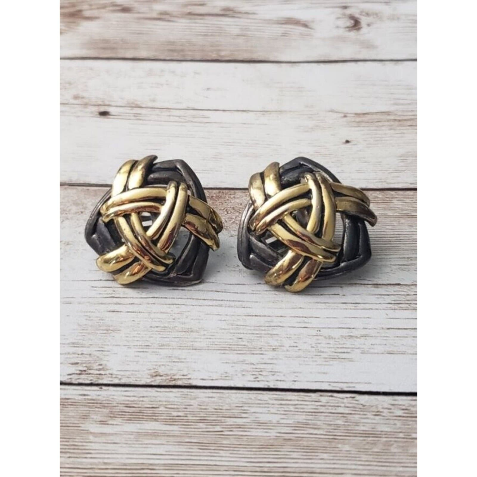 Vintage Clip On Earrings - Triangular Shape Dark Gray & Gold Tone Statement