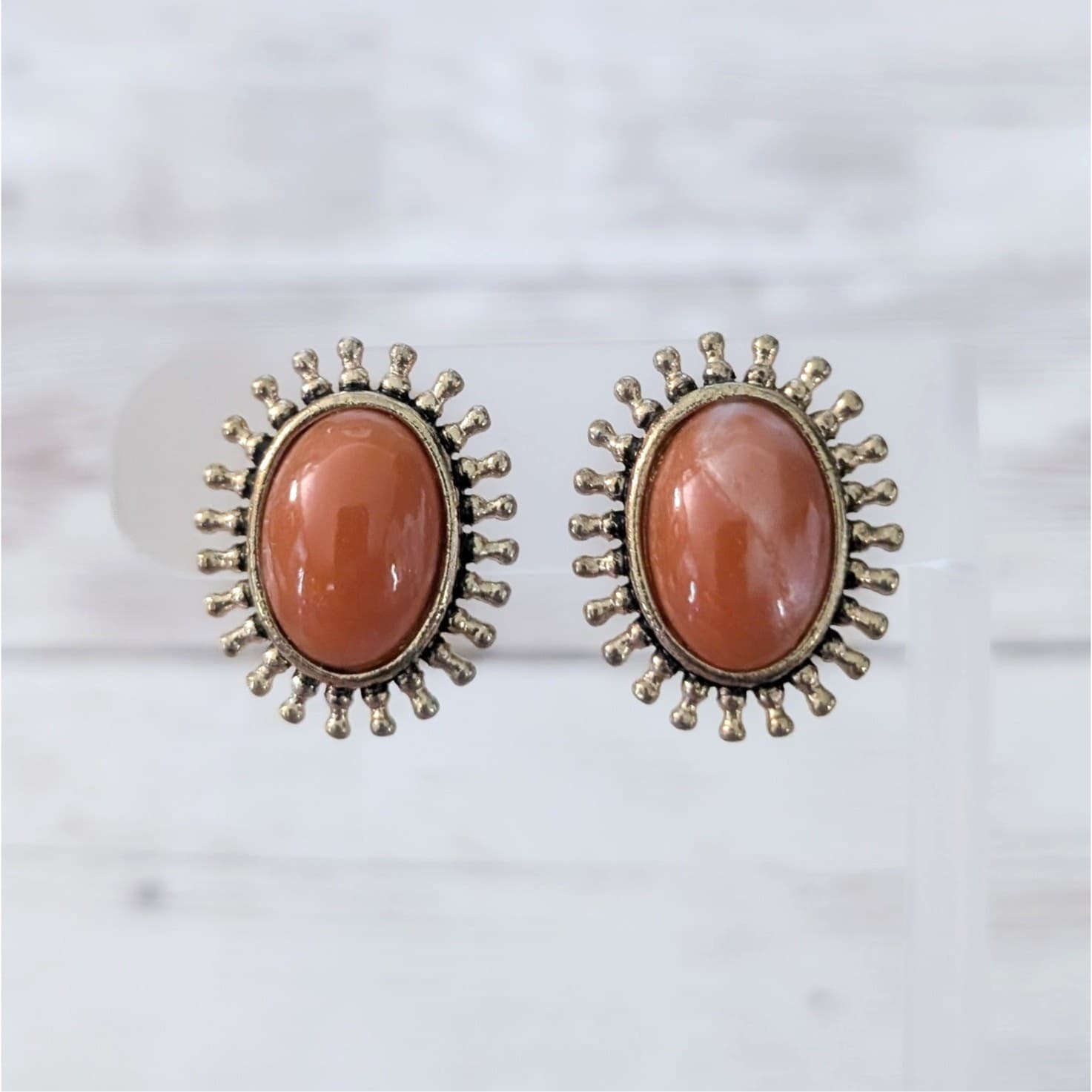 Vintage Clip On Earrings Large Burnt Orange & Gold Tone Stylish Statement