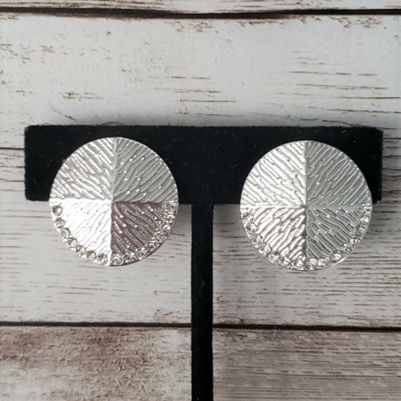 Vintage Clip On Earrings - Silver Tone Creased Circle with Clear Gems
