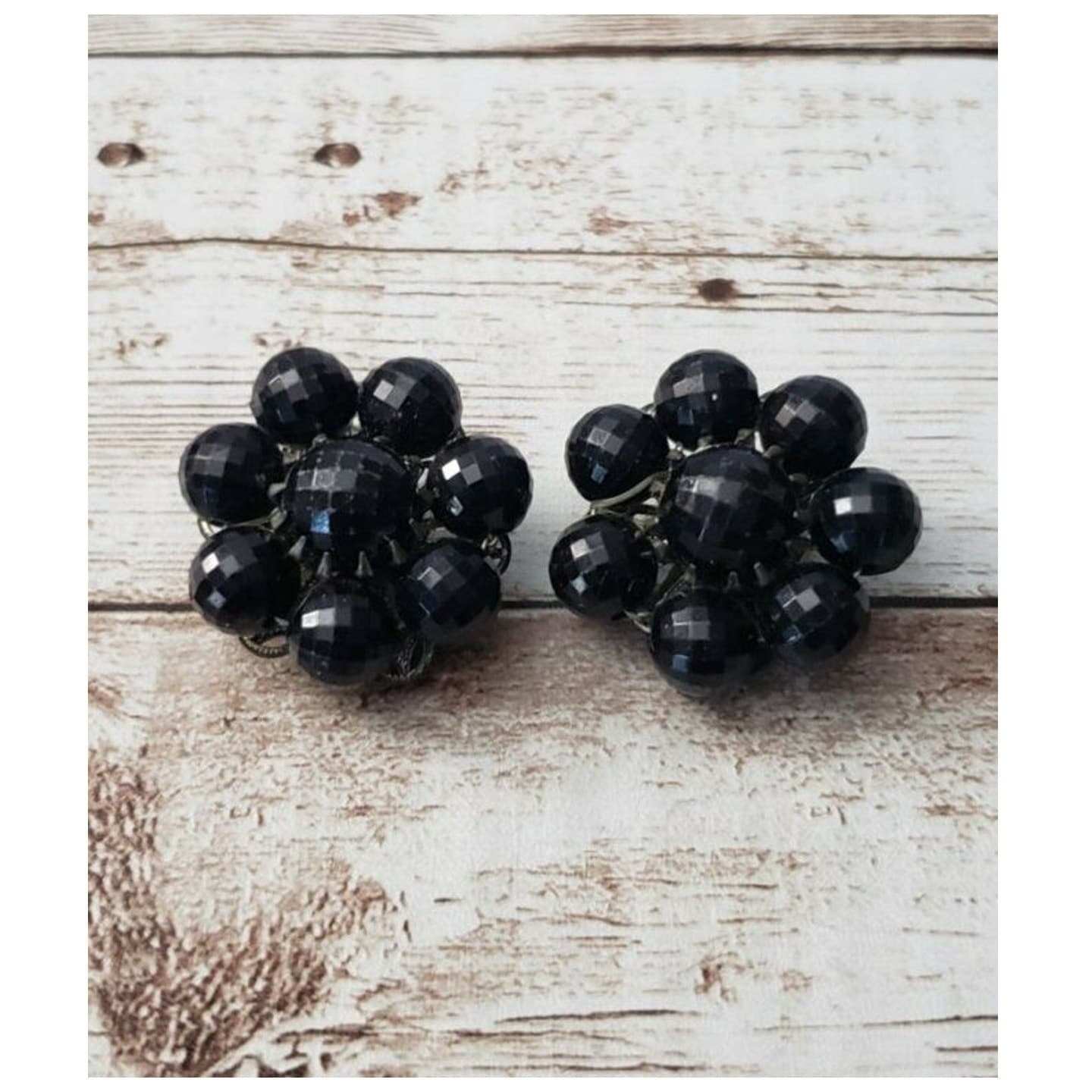 Vintage Clip On Earrings - Black Faceted Beaded Flower Cluster