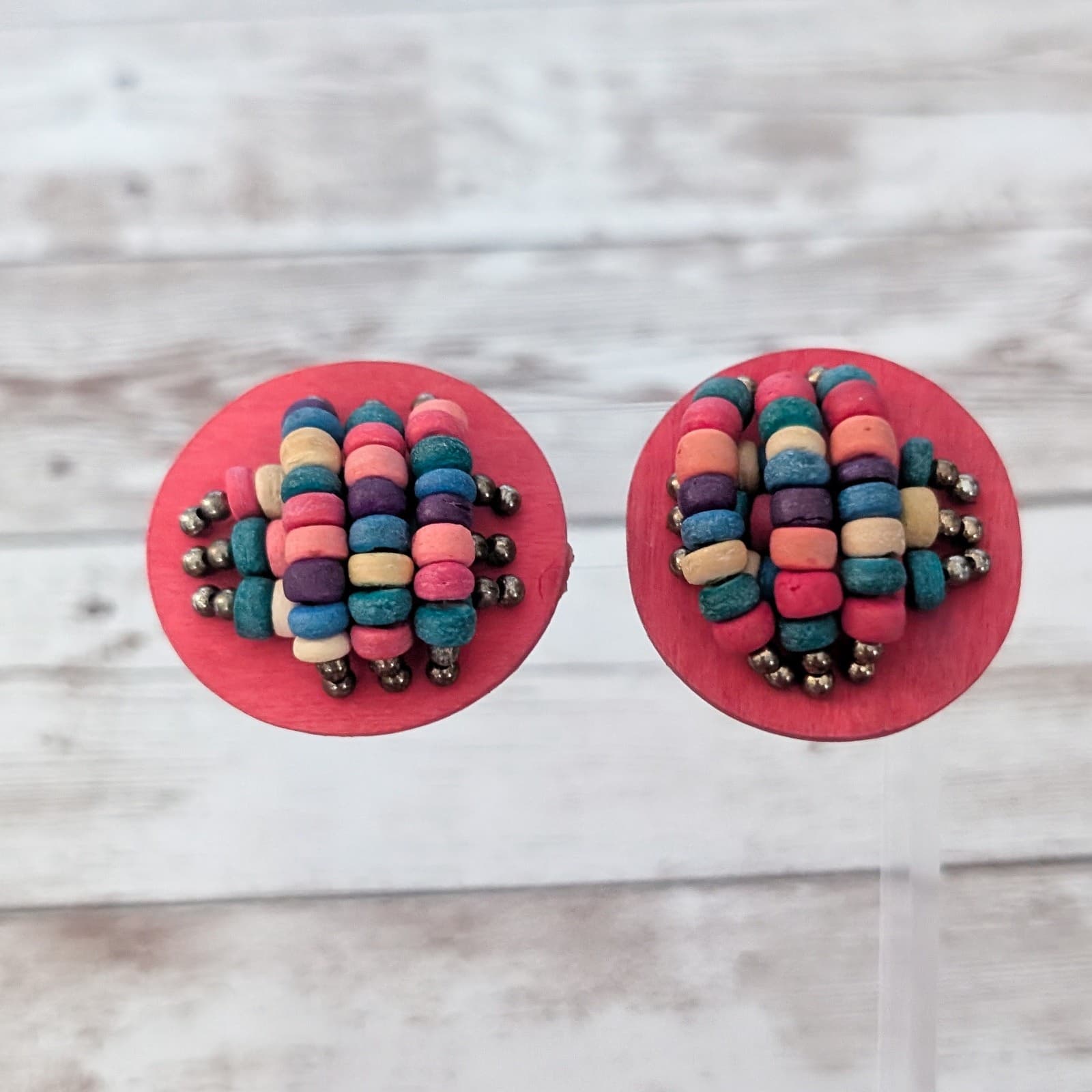 Vintage Clip On Earrings Red with Multi Colored Beads Large Statement 1 & 3/8"
