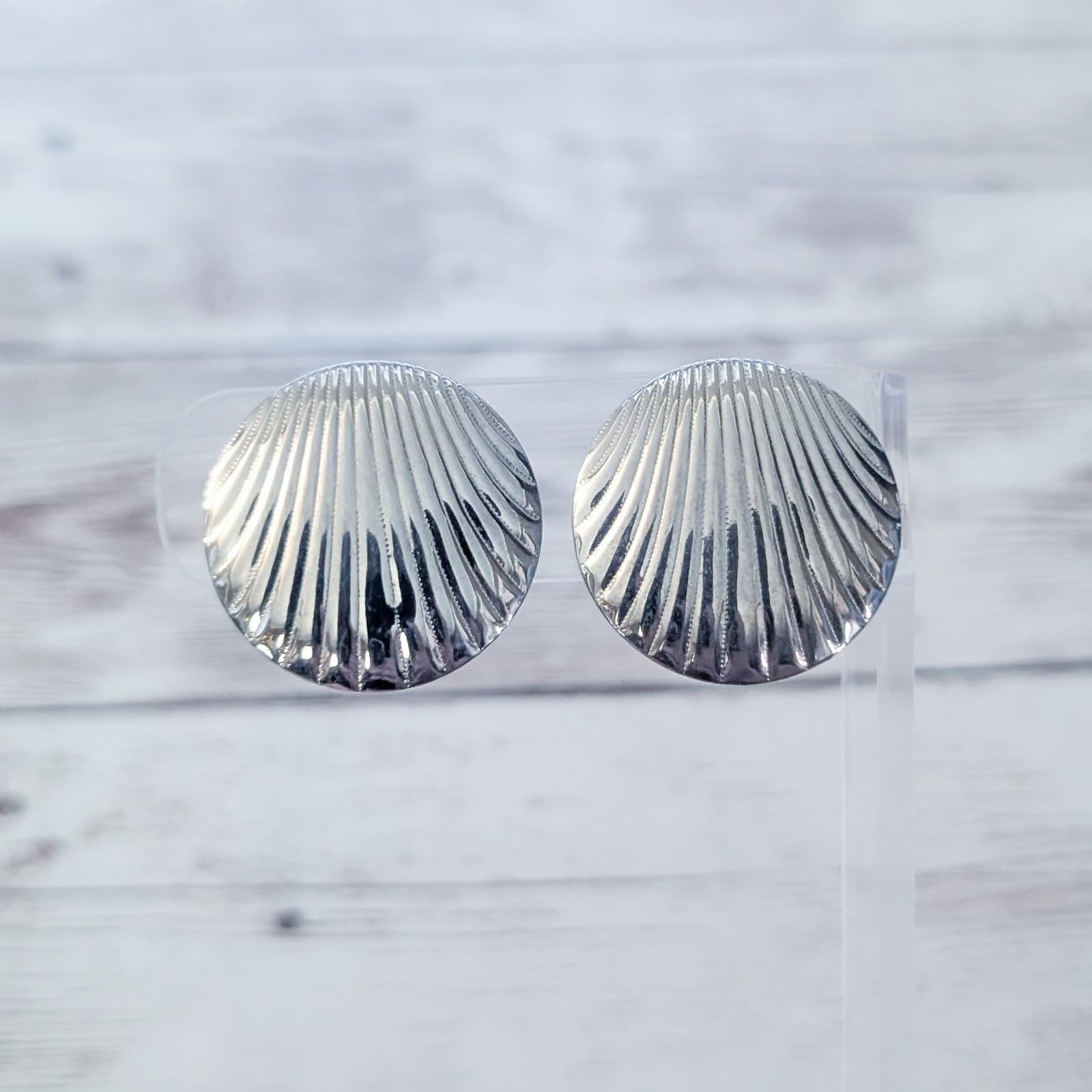 Vintage Clip On Earrings Silver Tone with Line Design