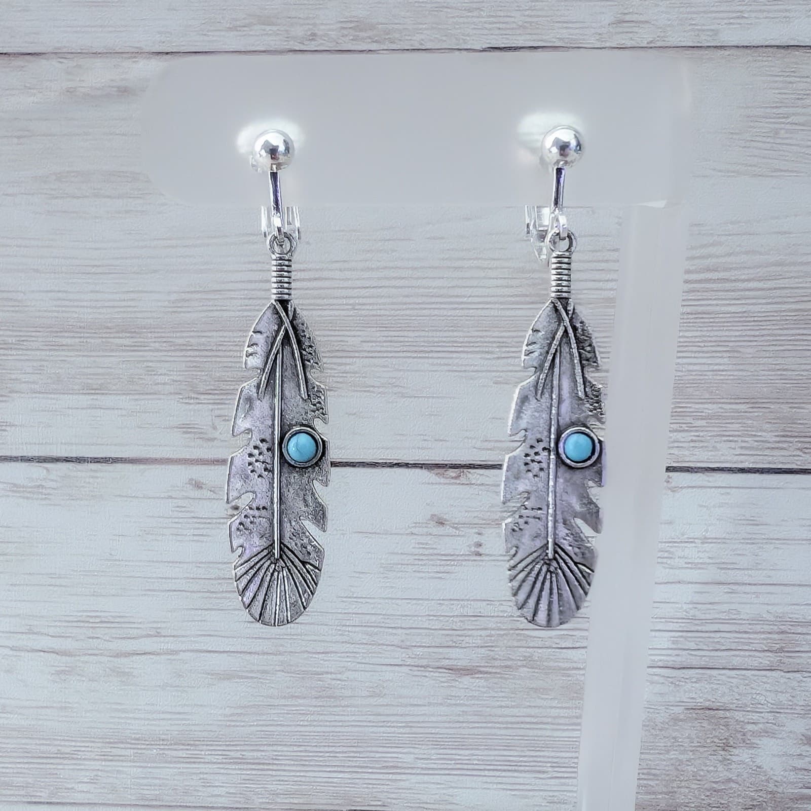 Vintage Clip On Earrings Silver Tone Feather with Turquoise Tone Accent
