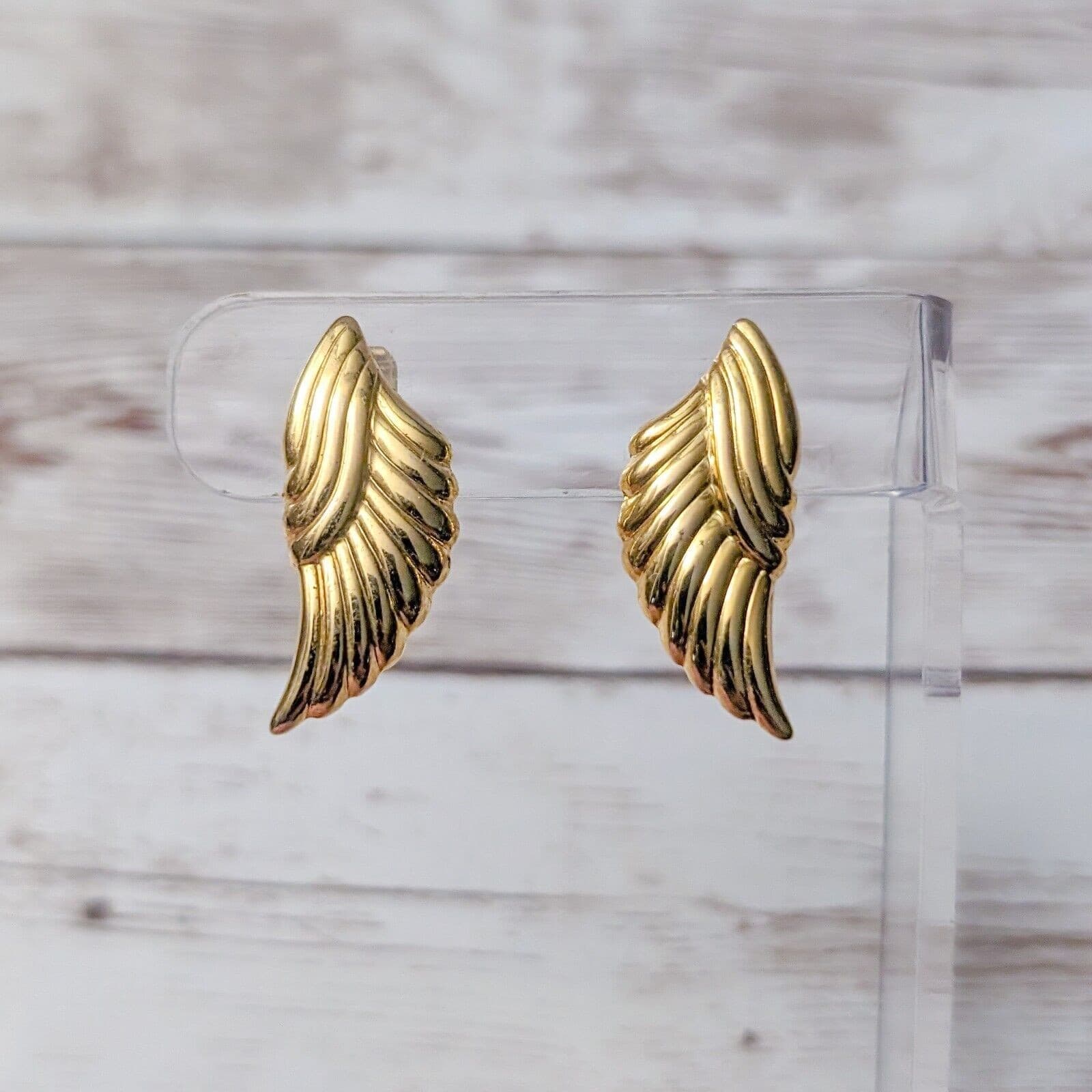 Vintage Clip On Earrings - Gold Tone Angel Wings 1.25" Statement