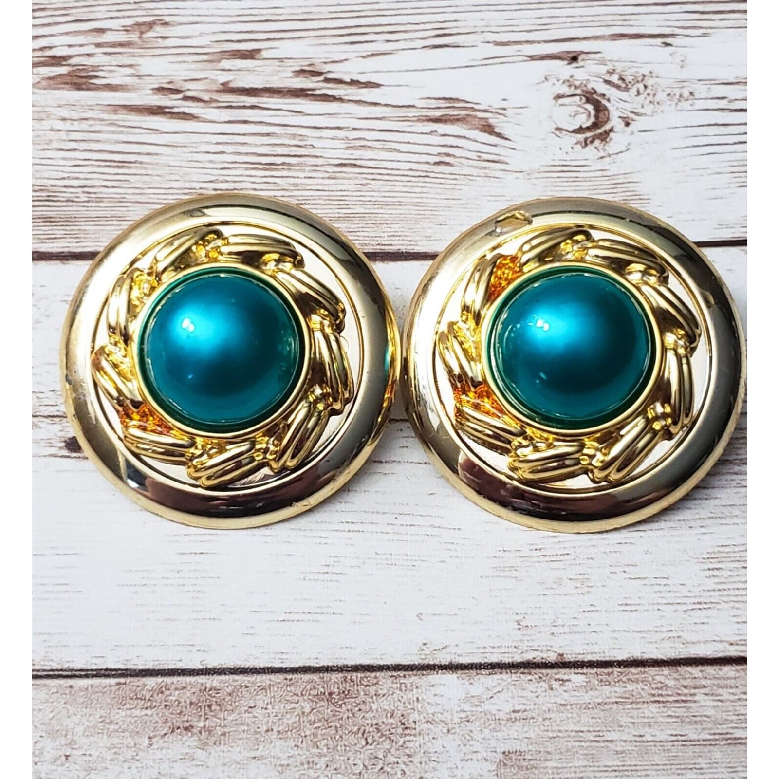 Vintage Clip On Earrings Large Statement Earrings Turquoise Tone & Gold Tone 3D