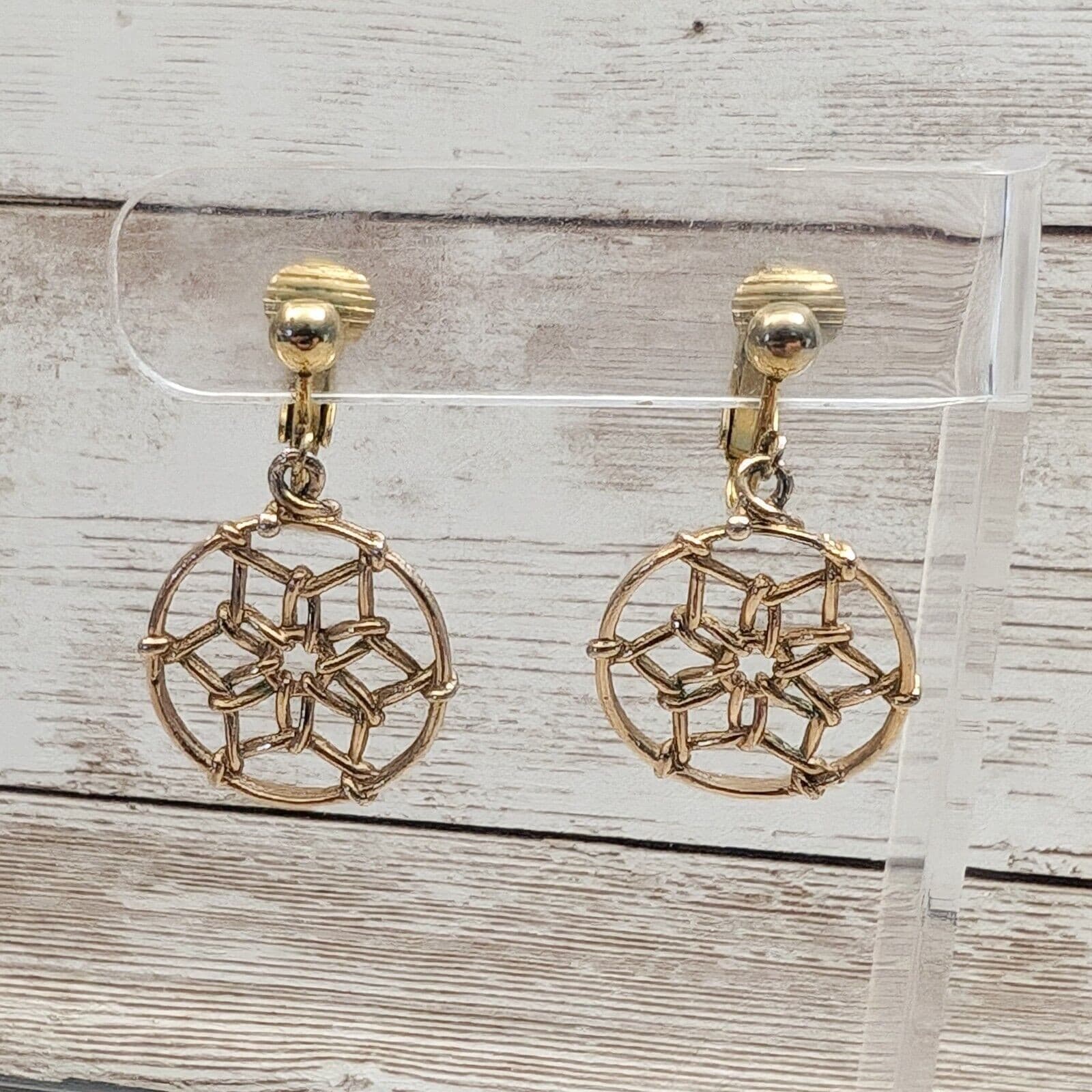Vintage Clip On Earrings - Gold Tone Dangle with Star Like Design