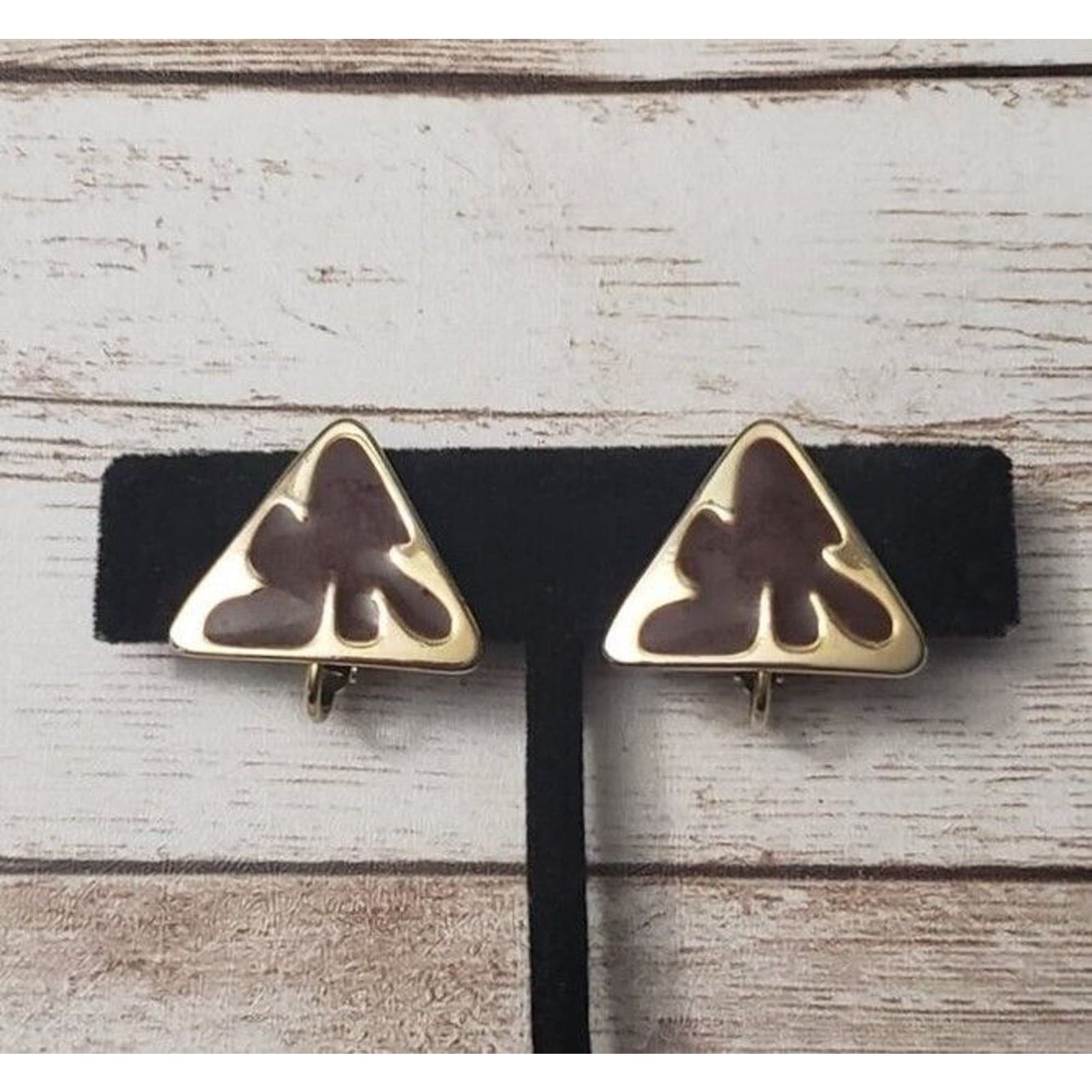 Vintage Clip On Earrings Brown & Gold Tone Triangle