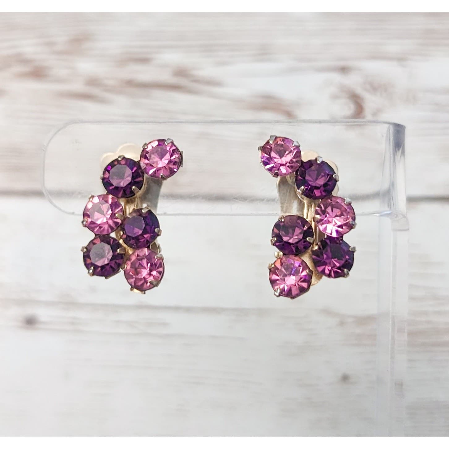 Vintage Clip On Earrings - 1" Pink & Purple Gems Statement