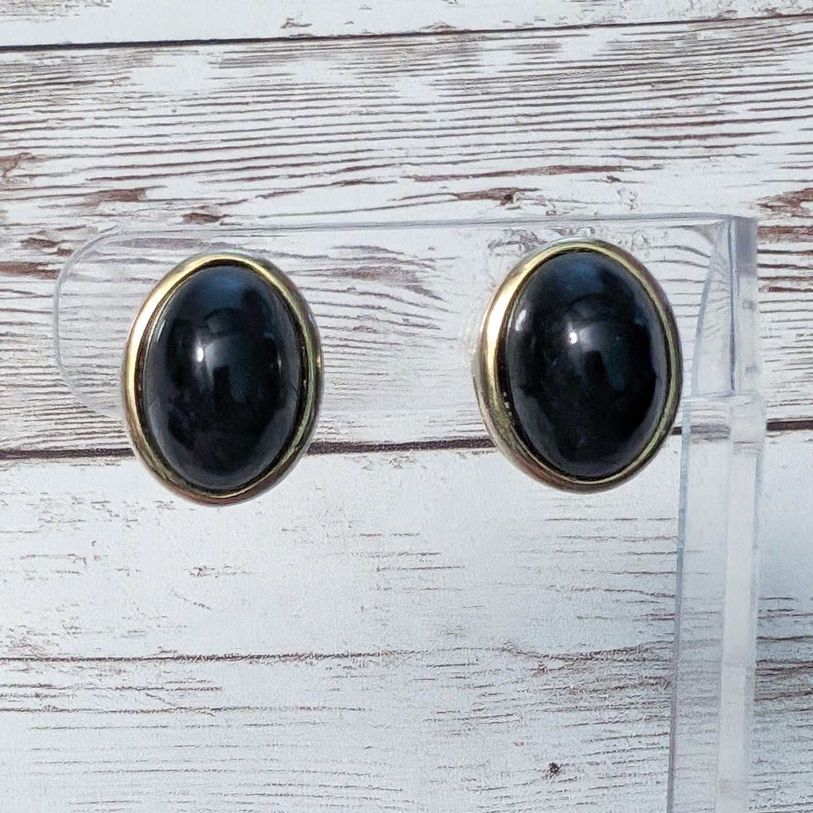 Vintage Clip On Earrings Black 3D Domed with Gold Tone Halo