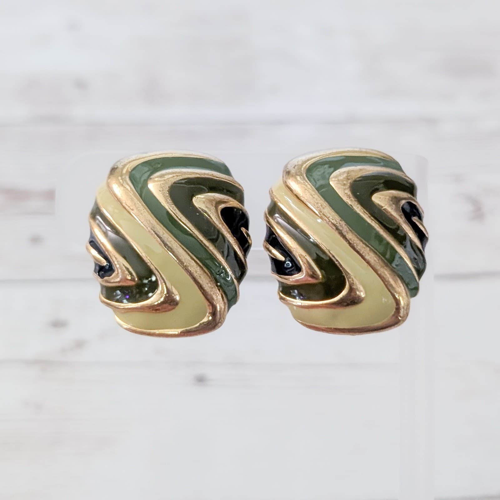 Vintage Clip On Earrings Large Statement Green Black, Gold Tone