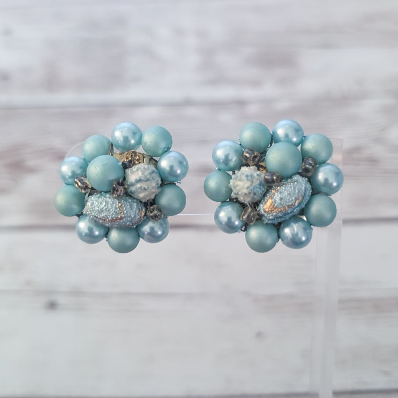 Vintage Clip On Earrings Light Blue Cluster 1"