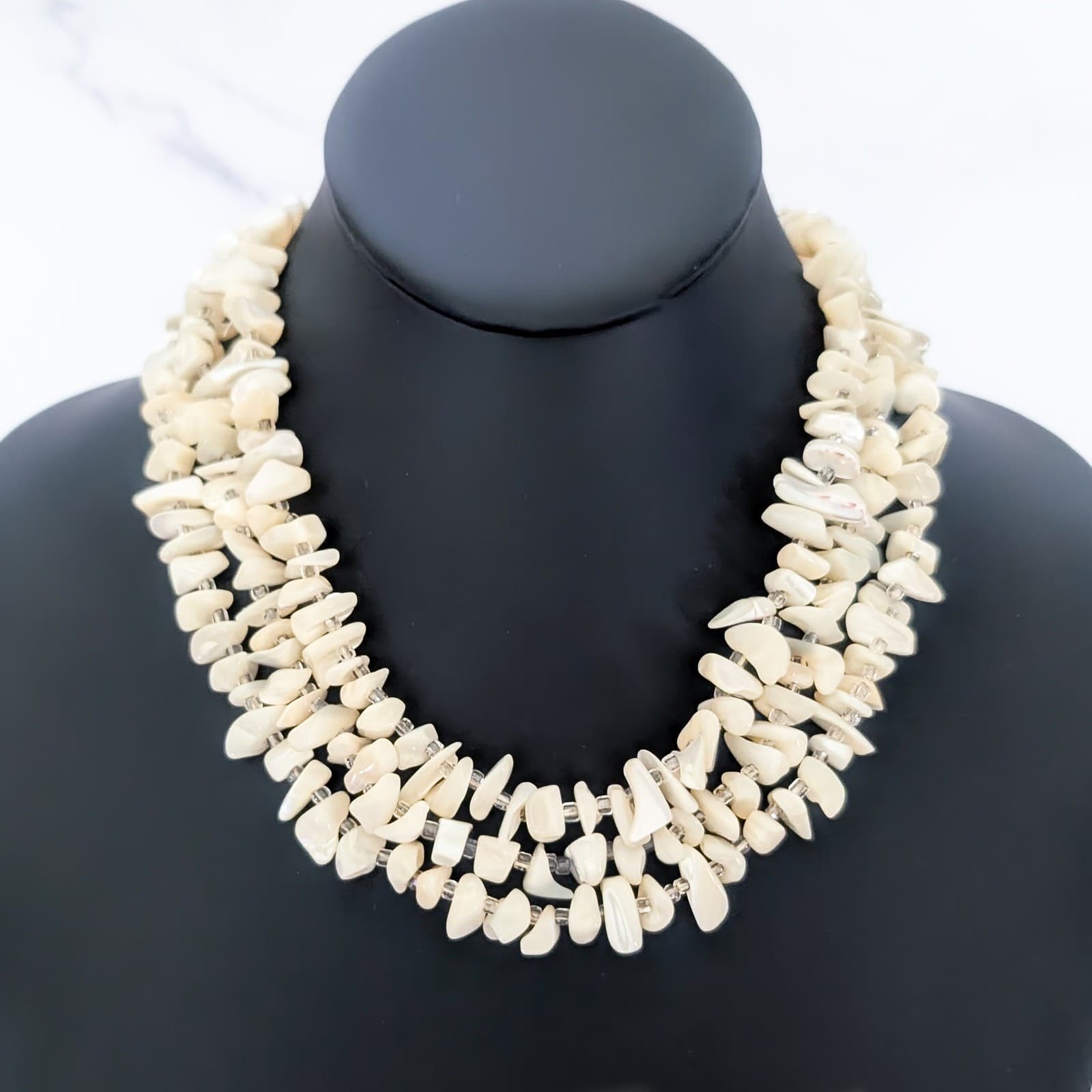 Vintage Necklace 3 Strand Mother of Pearl Statement Necklace