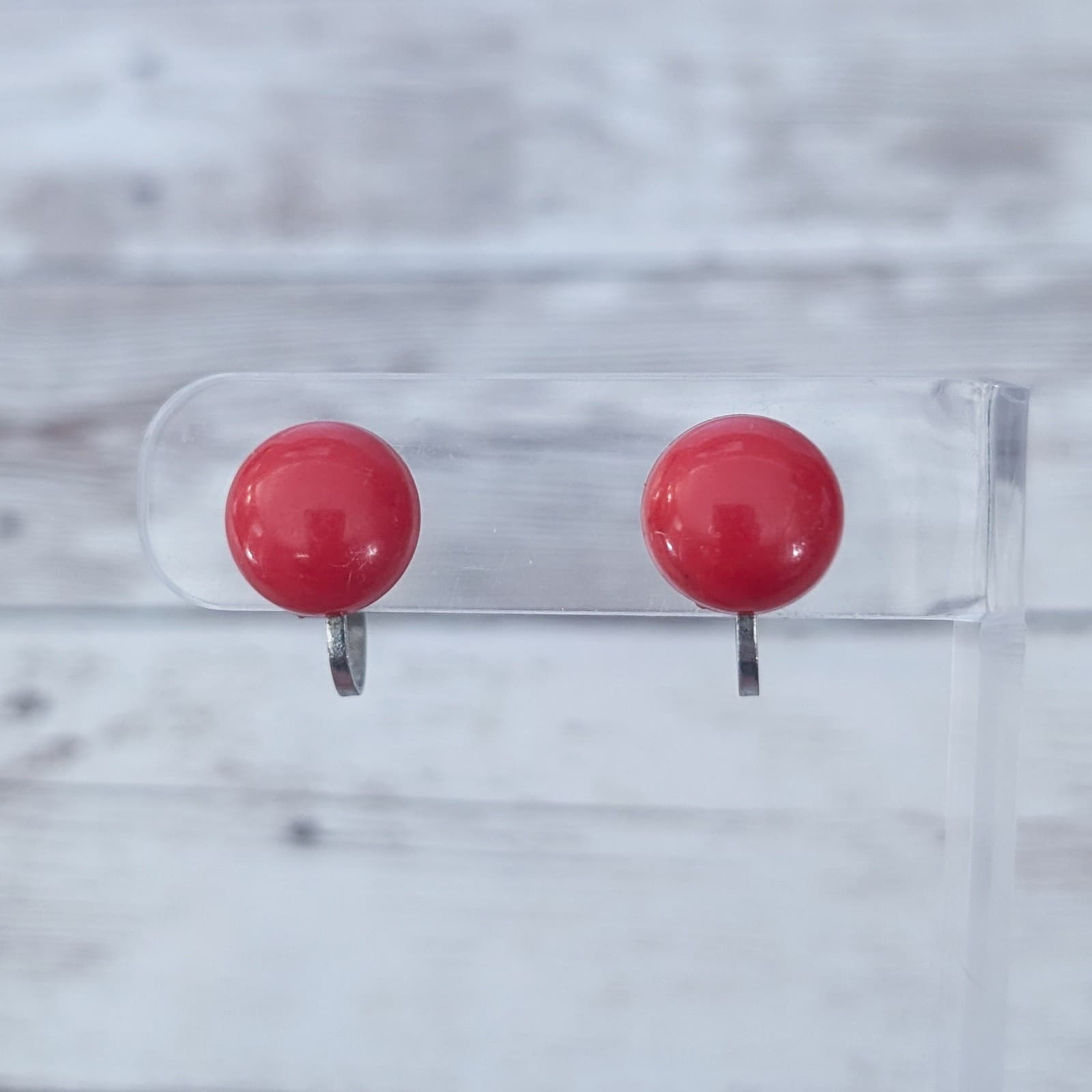 Vintage Screw Back Earrings Small Red 0.5" Domed Retro