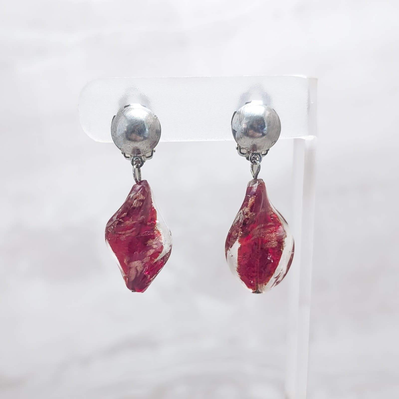 Vintage Clip On Earrings Red Glass? Twisted Dangle Large Statement